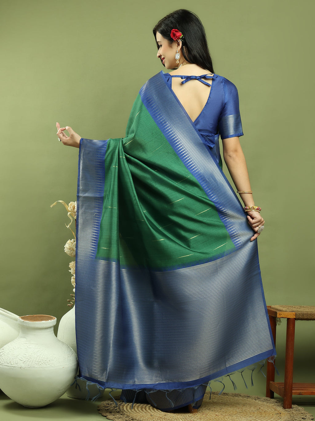 Green Silk Blend Ikat Saree with Traditional Jari Border