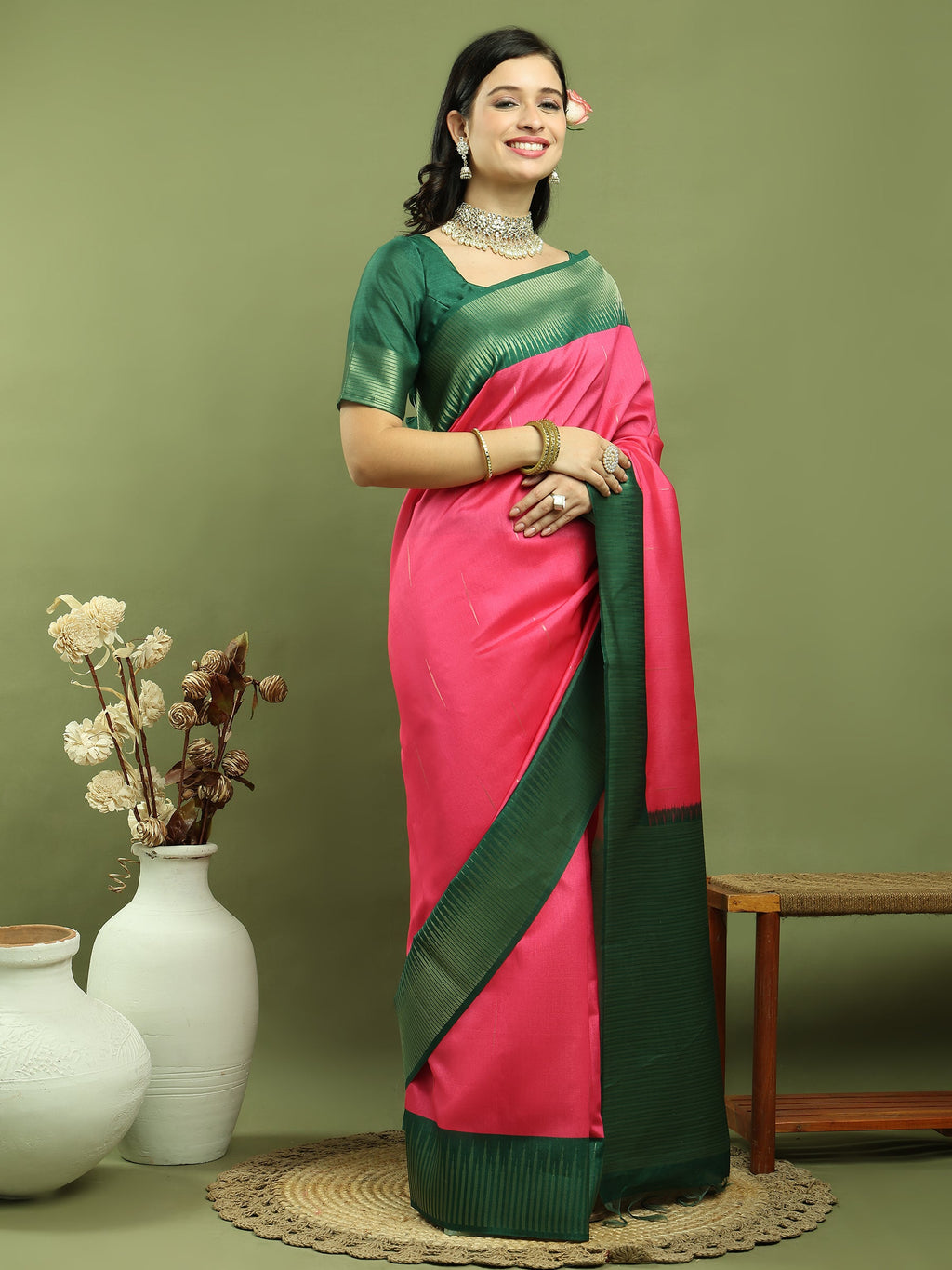 Pink Silk Blend Ikat Jari Weaving Pattern Saree with Jari Border