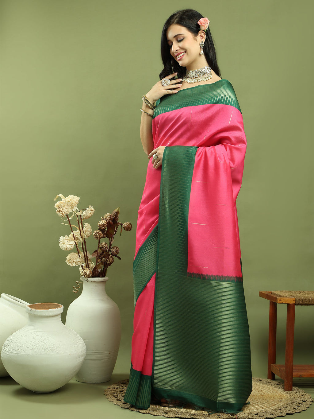 Pink Silk Blend Ikat Jari Weaving Pattern Saree with Jari Border