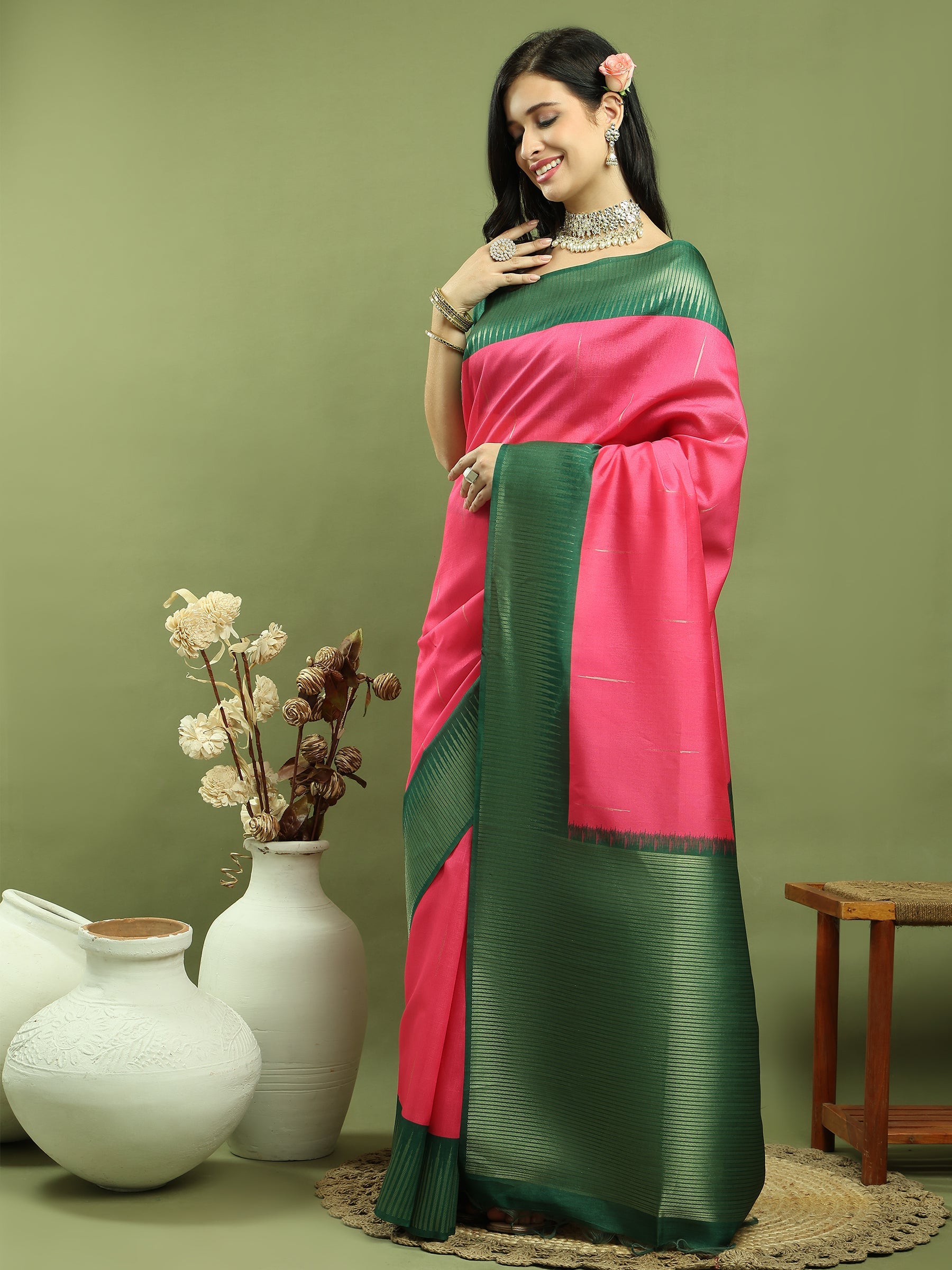 Pink Silk Blend Ikat Jari Weaving Pattern Saree with Jari Border