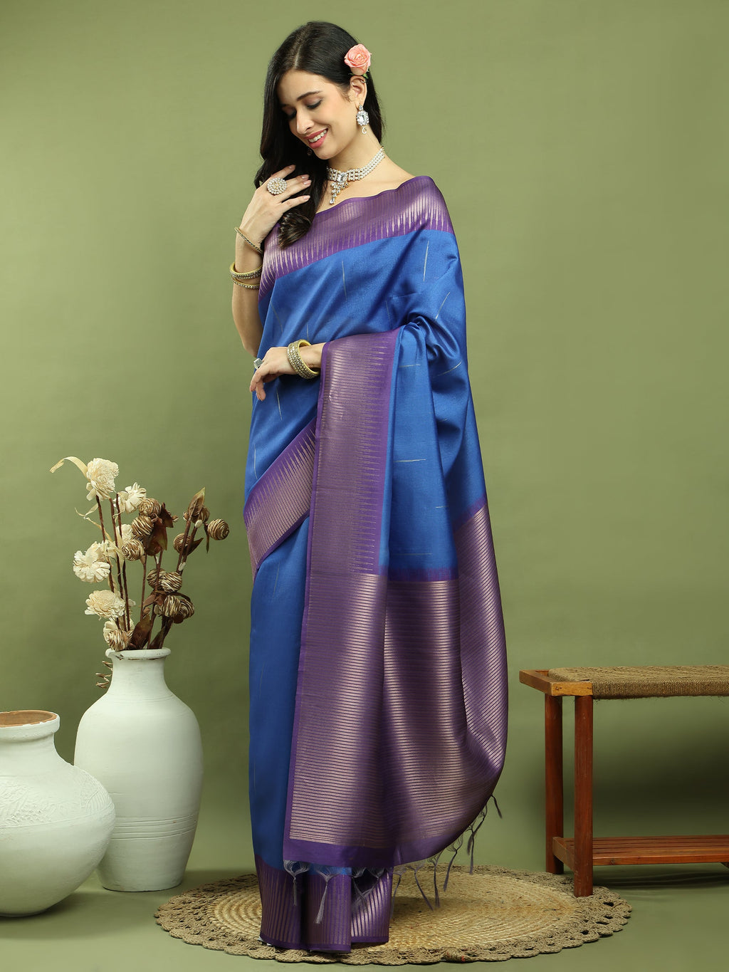 Jyoti Fashion Women's Blue Silk Blend Ikat Jari Weaving Pattern with Jari Border Saree with Blouse