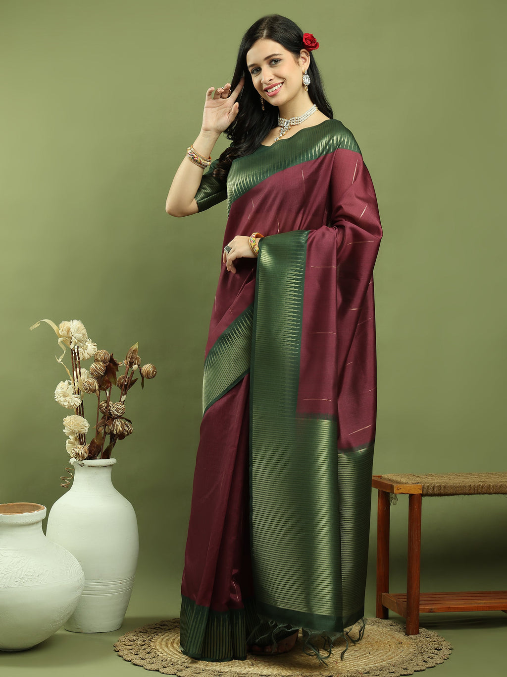 Jyoti Fashion Women's Burgundy Silk Blend Ikat Jari Weaving Pattern with Jari Border Saree with Blouse