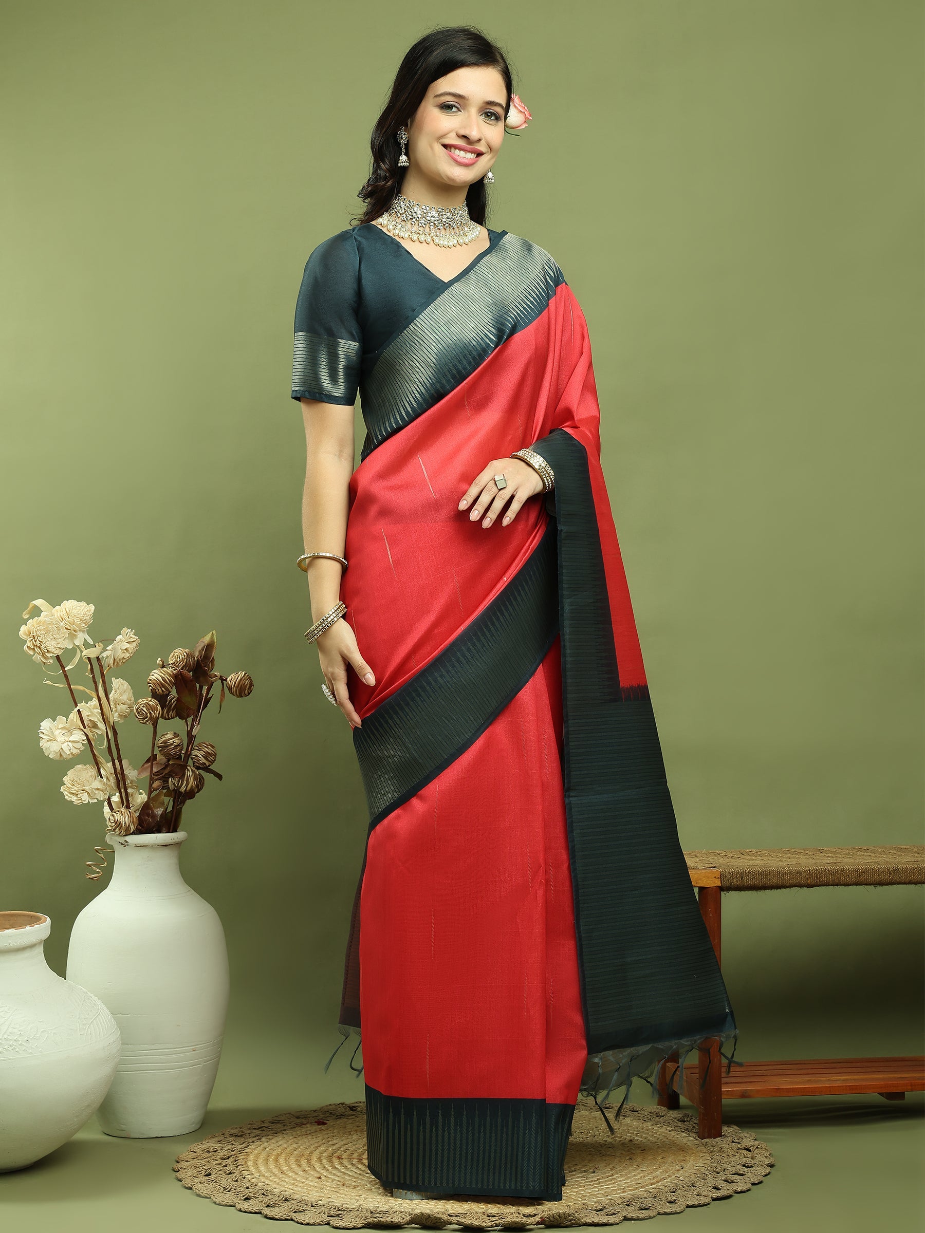 Jyoti Fashion Women's Red Silk Blend Ikat Jari Weaving Pattern with Jari Border Saree with Blouse