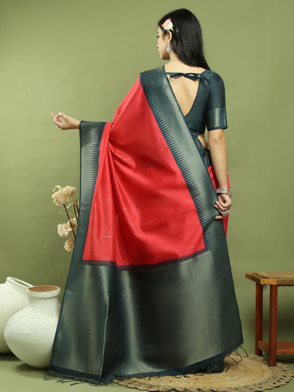 Jyoti Fashion Women's Red Silk Blend Ikat Jari Weaving Pattern with Jari Border Saree with Blouse