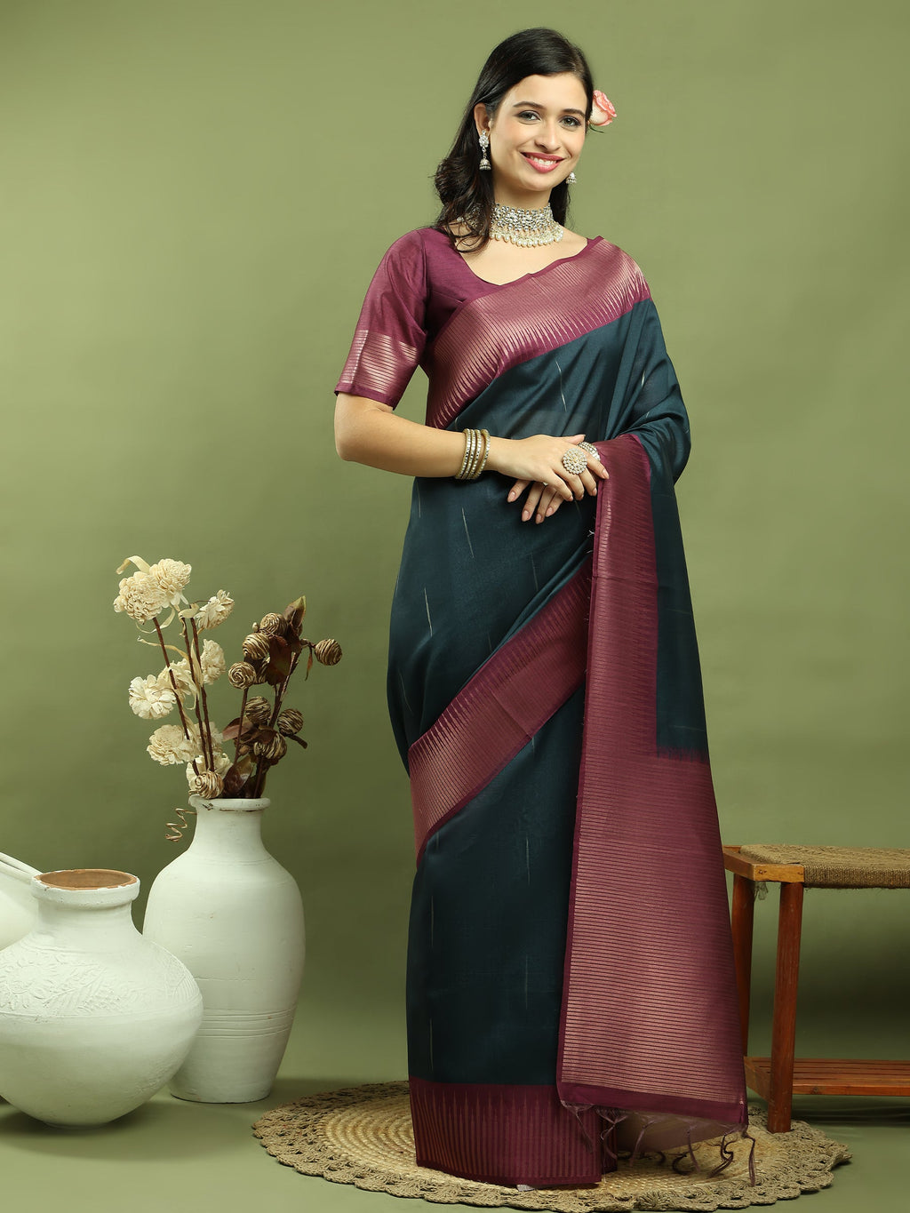 Teal Silk Blend Ikat Saree with Traditional Jari Border