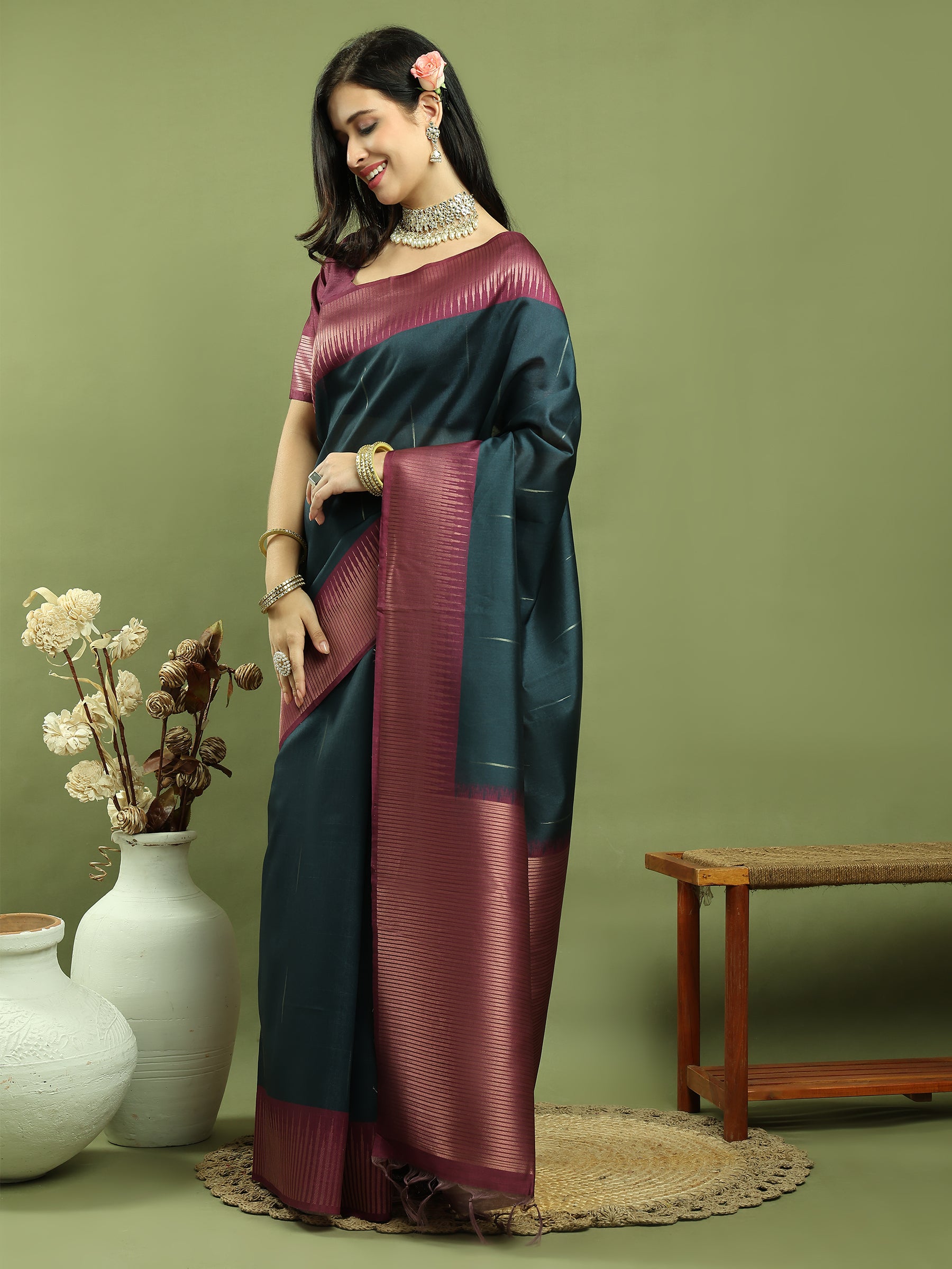 Teal Silk Blend Ikat Saree with Traditional Jari Border