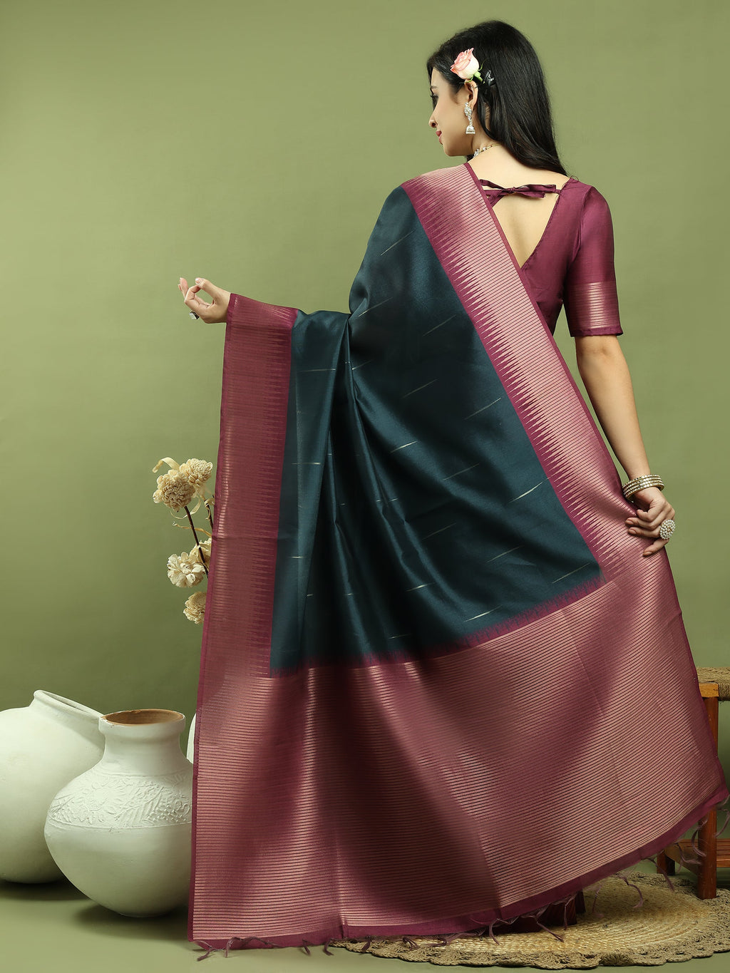 Teal Silk Blend Ikat Saree with Traditional Jari Border