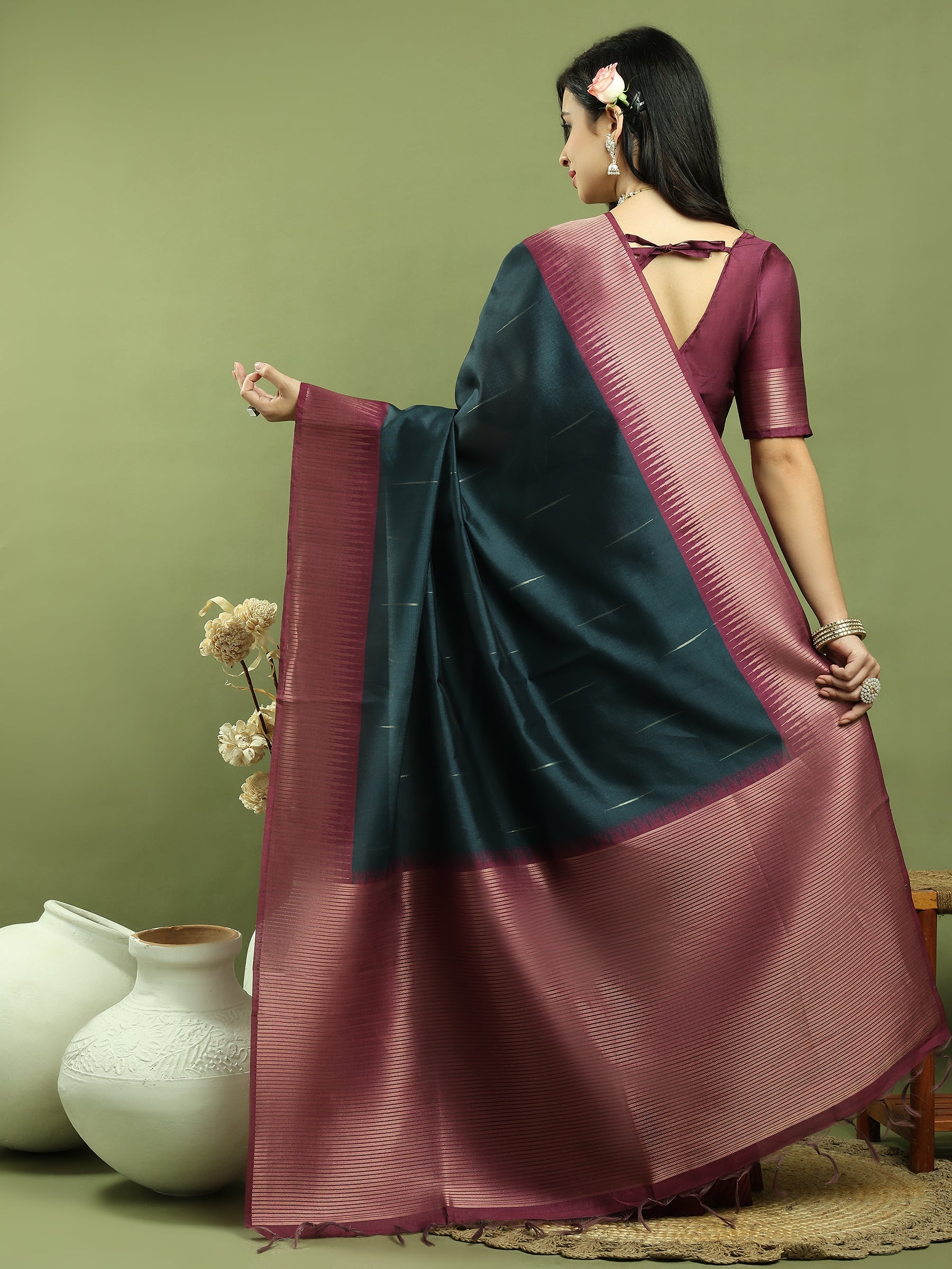 Teal Silk Blend Ikat Saree with Traditional Jari Border