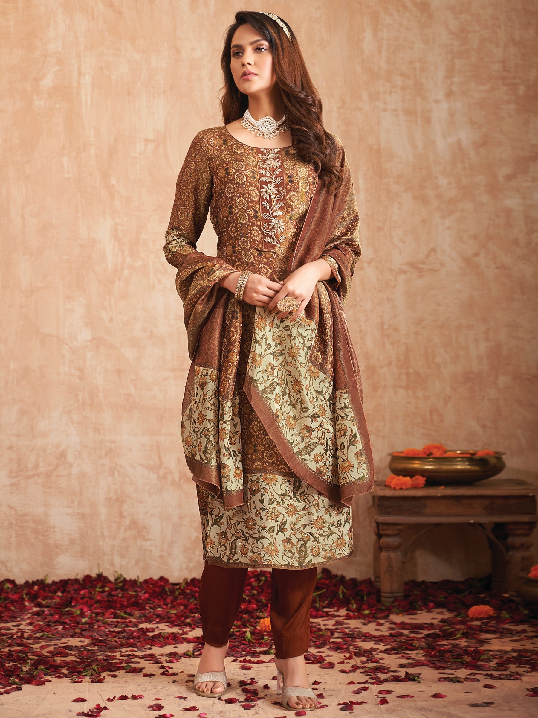 Brown pure tissue shimmer straight salwar suit with floral digital print and Zardoshi work