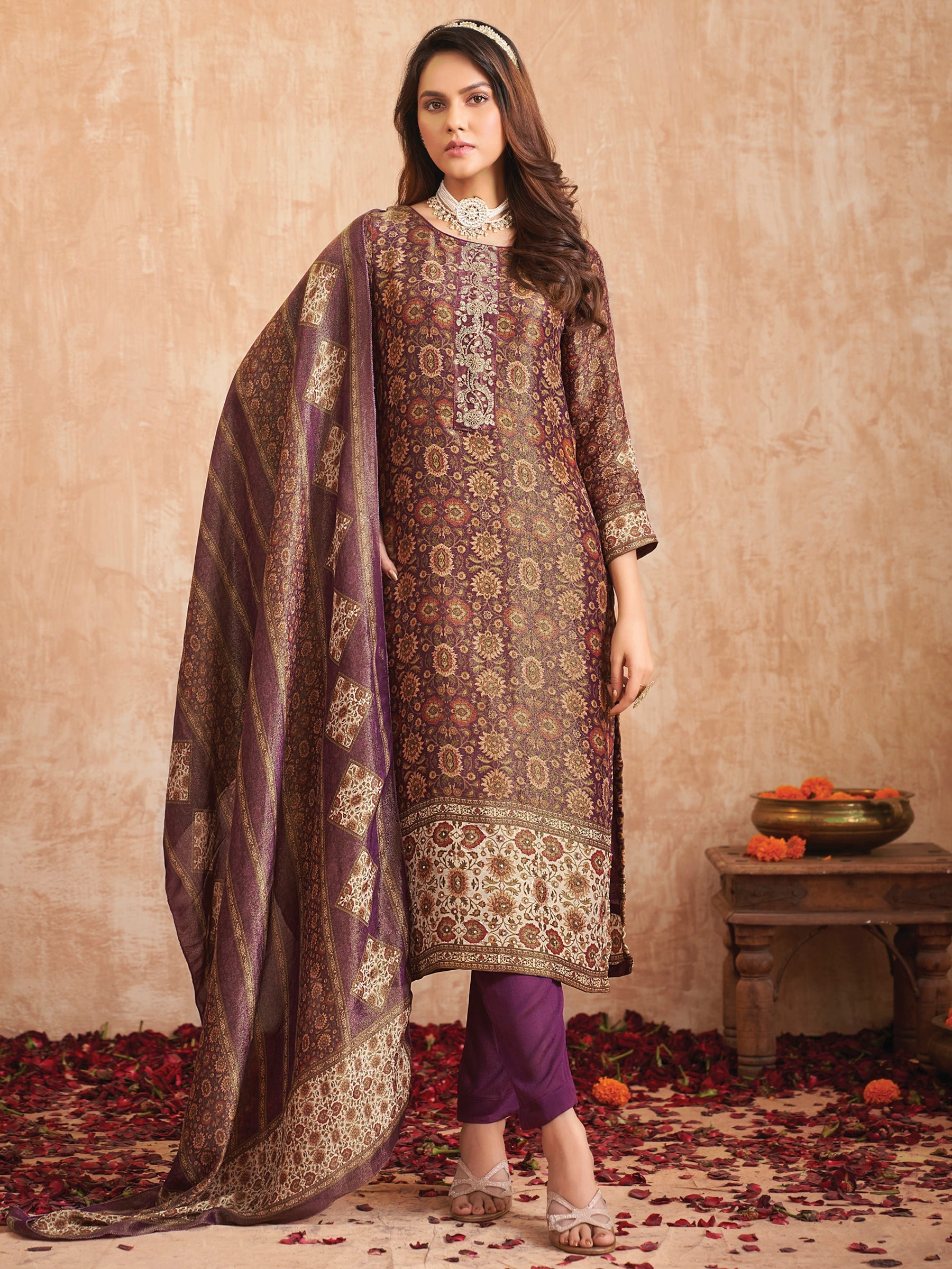 Purple pure tissue shimmer straight-cut salwar suit with Zardoshi hand work and floral print