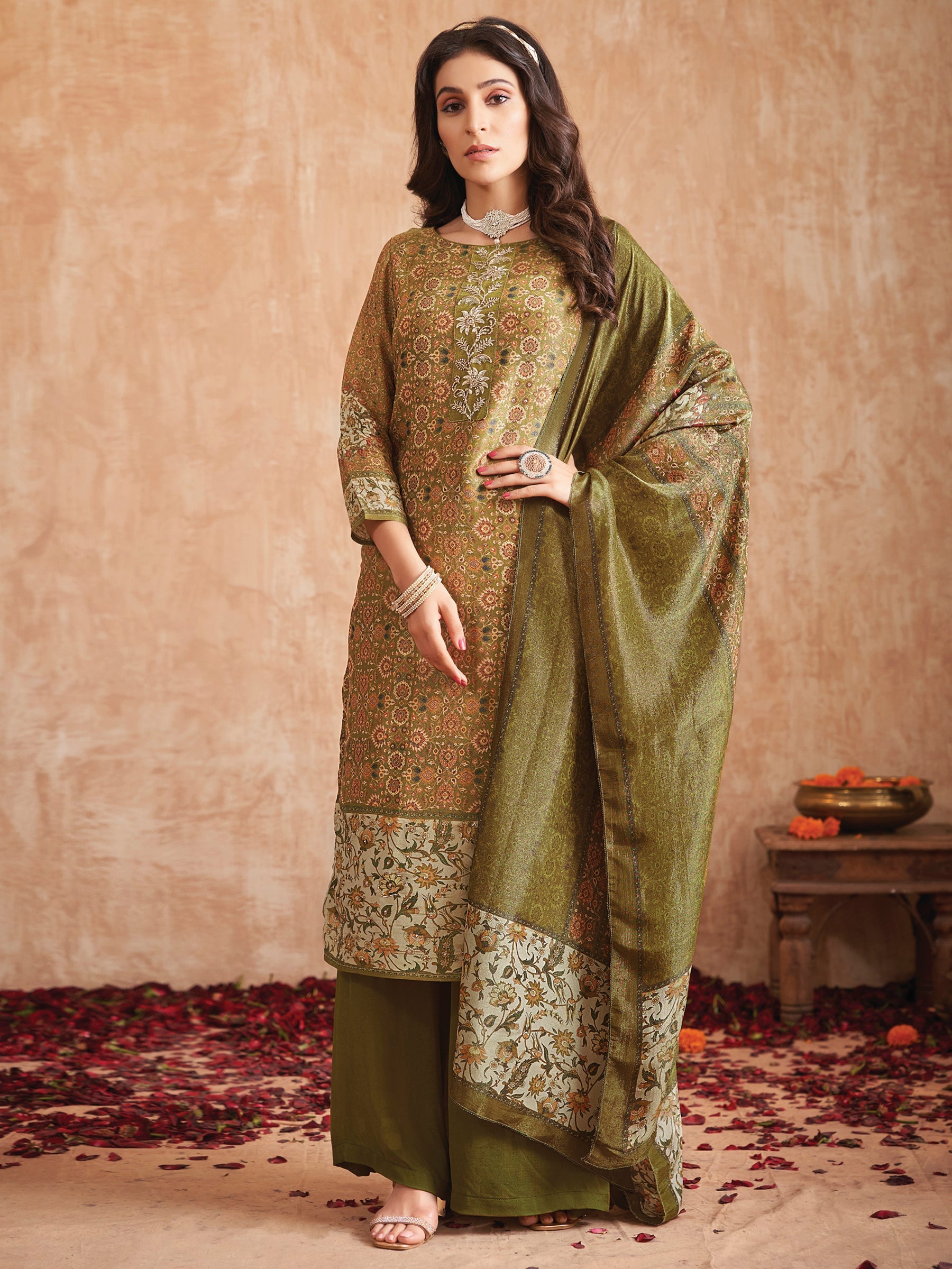 Olive green pure tissue shimmer straight salwar suit with floral print and zardoshi