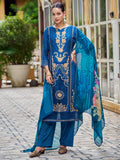 Navy blue muslin salwar suit with Resham thread embroidery, Jari and cut work detailing