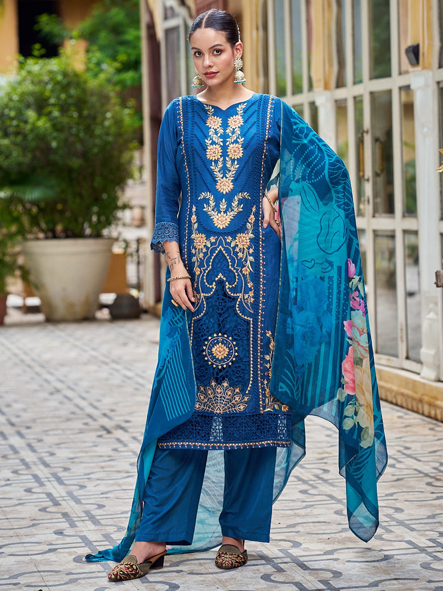 Navy blue muslin salwar suit with Resham thread embroidery, Jari and cut work detailing