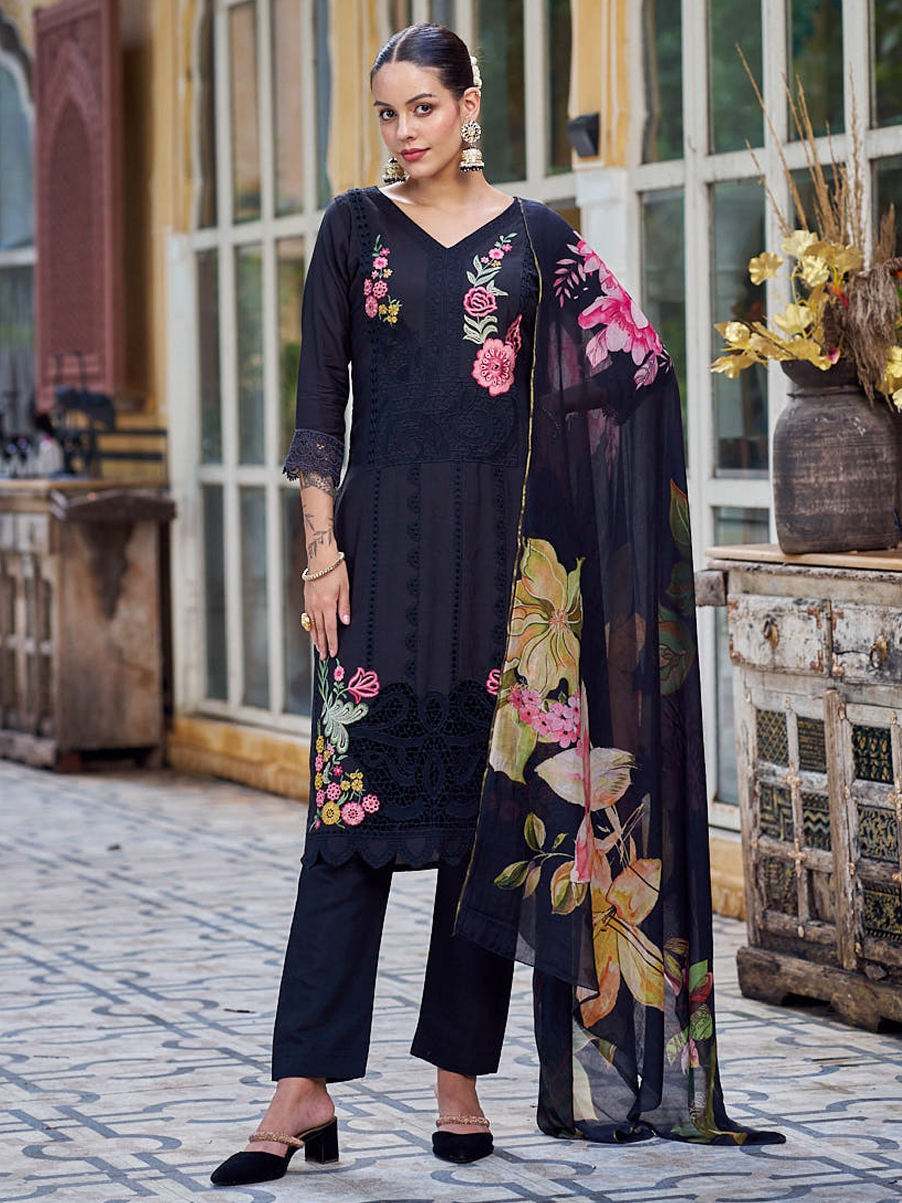 Black straight-fit muslin salwar suit with detailed Resham thread, Jari, and cut work