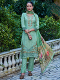 Women's green muslin salwar suit with Resham thread, Jari, and cut work details