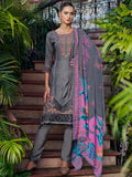 Grey muslin salwar suit featuring intricate Resham thread, Jari, and cut work.