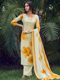 Cream muslin salwar suit with floral digital print and intricate sequin detailing