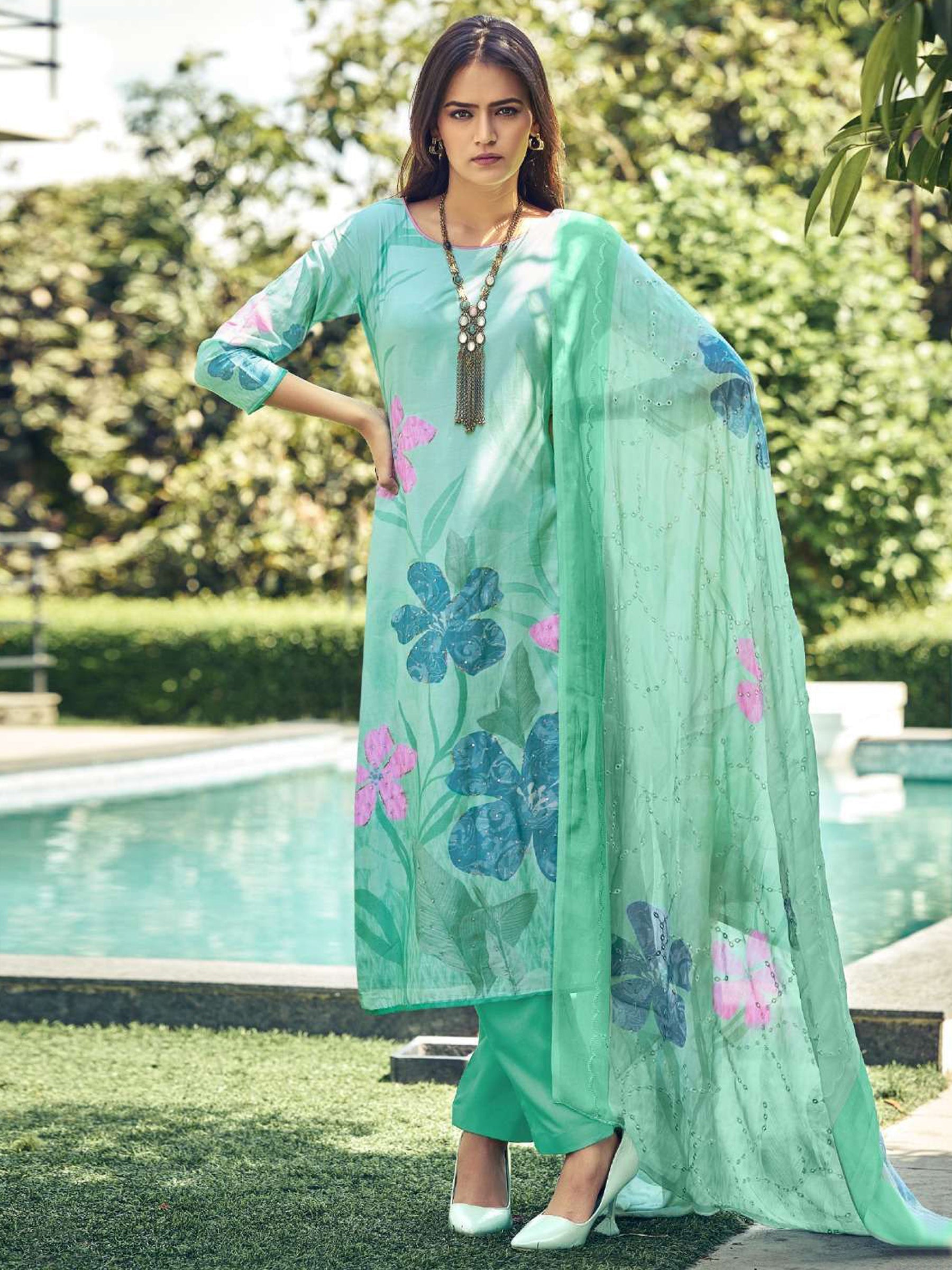 Green Muslin straight salwar suit with floral digital print and zari handwork