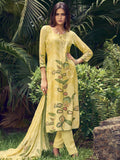 Lemon yellow muslin salwar suit with floral digital print and zari sequins work