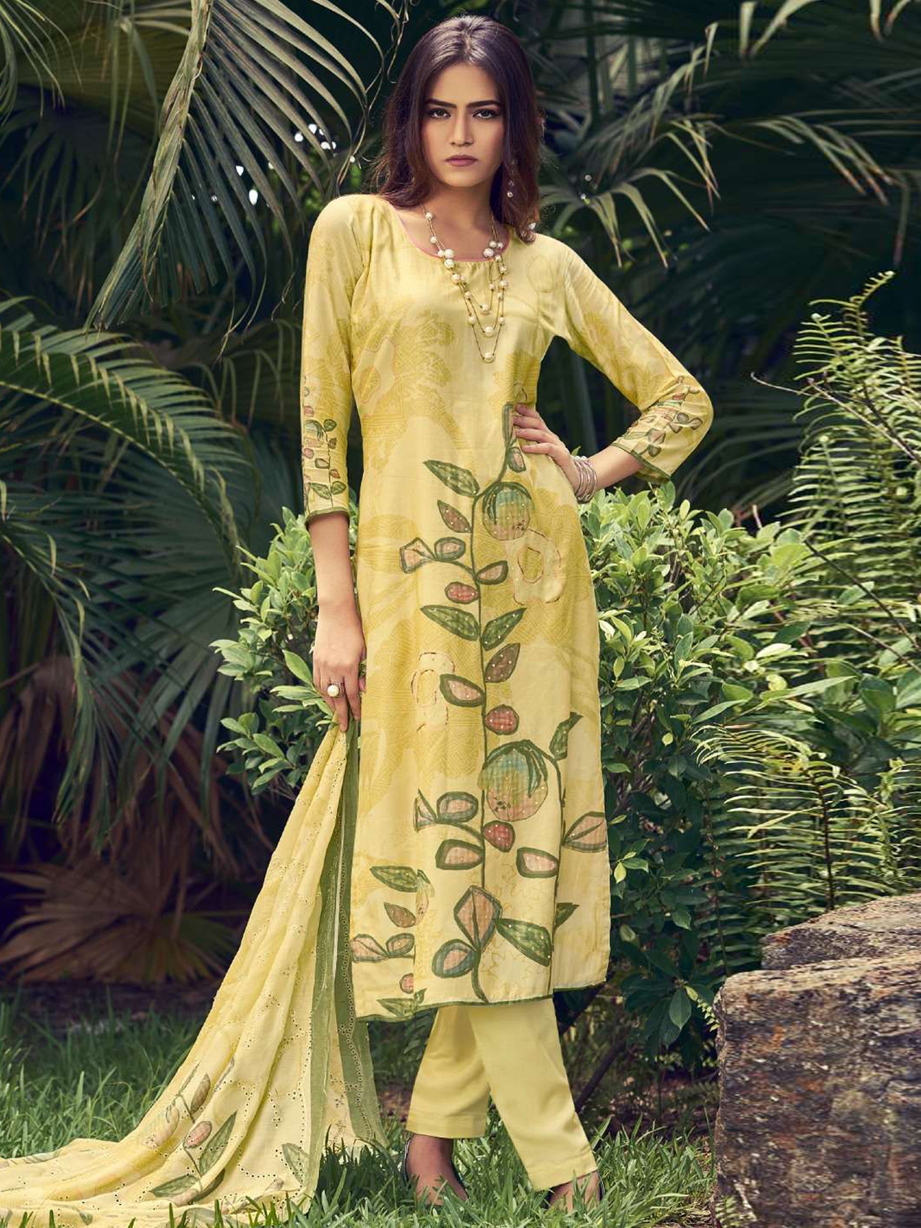 Lemon yellow muslin salwar suit with floral digital print and zari sequins work