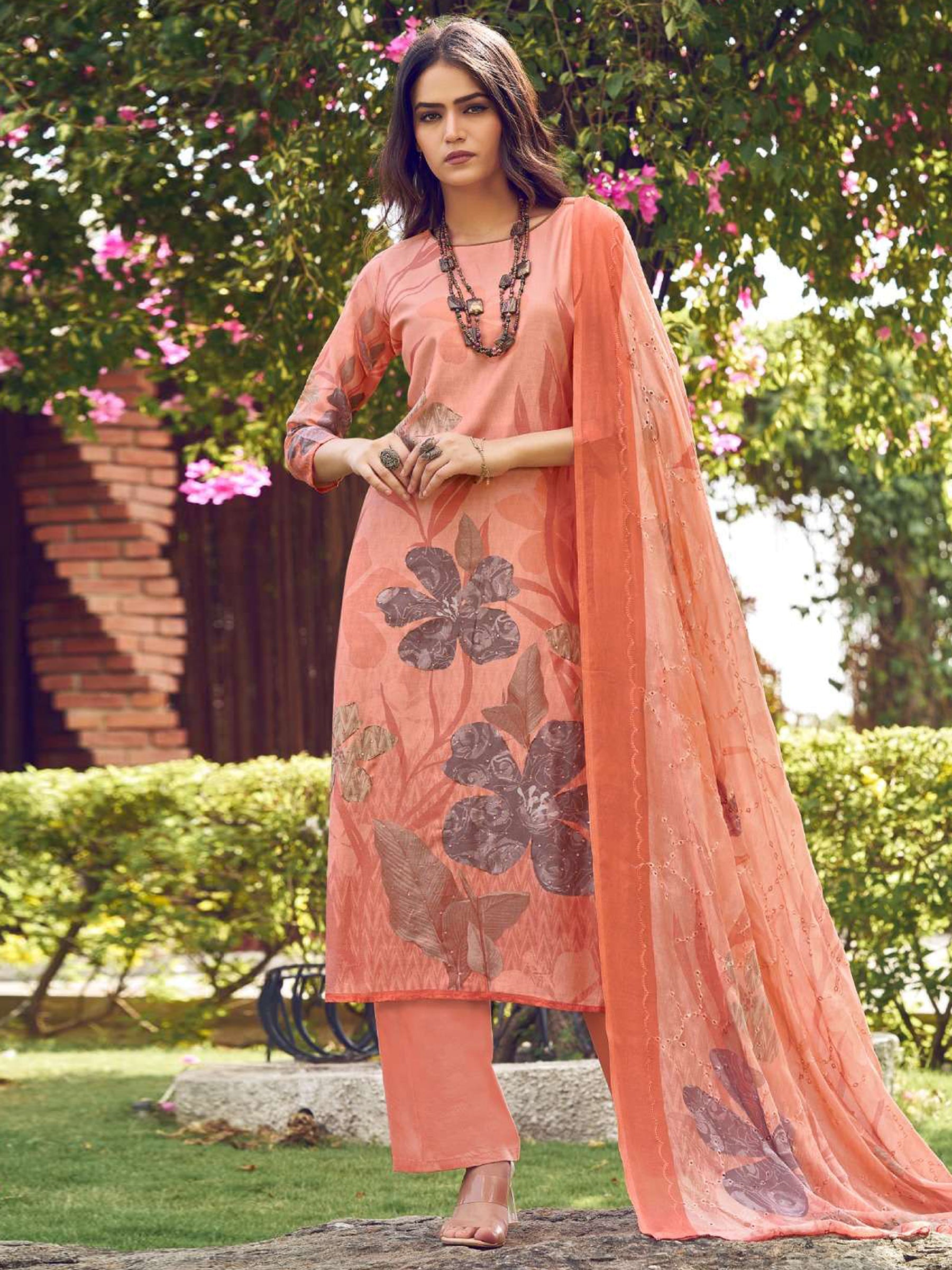 Jyoti Fashion Women's Peach Muslin Floral Digital Print with Sequins Work Salwar Suit Set