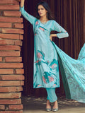 Sky blue muslin straight-fit salwar suit with floral digital print and sequin work