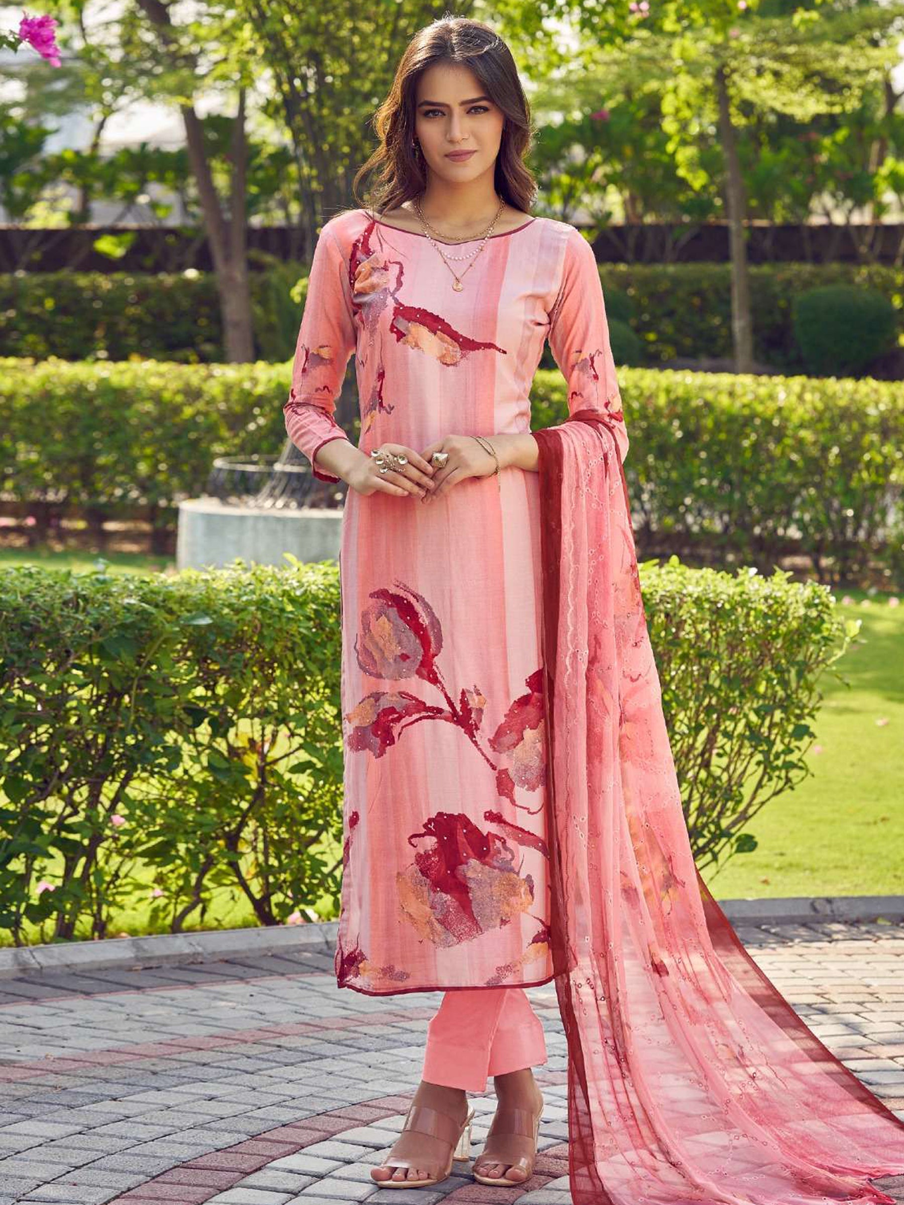 Peach muslin salwar suit with floral digital print and elegant sequins work