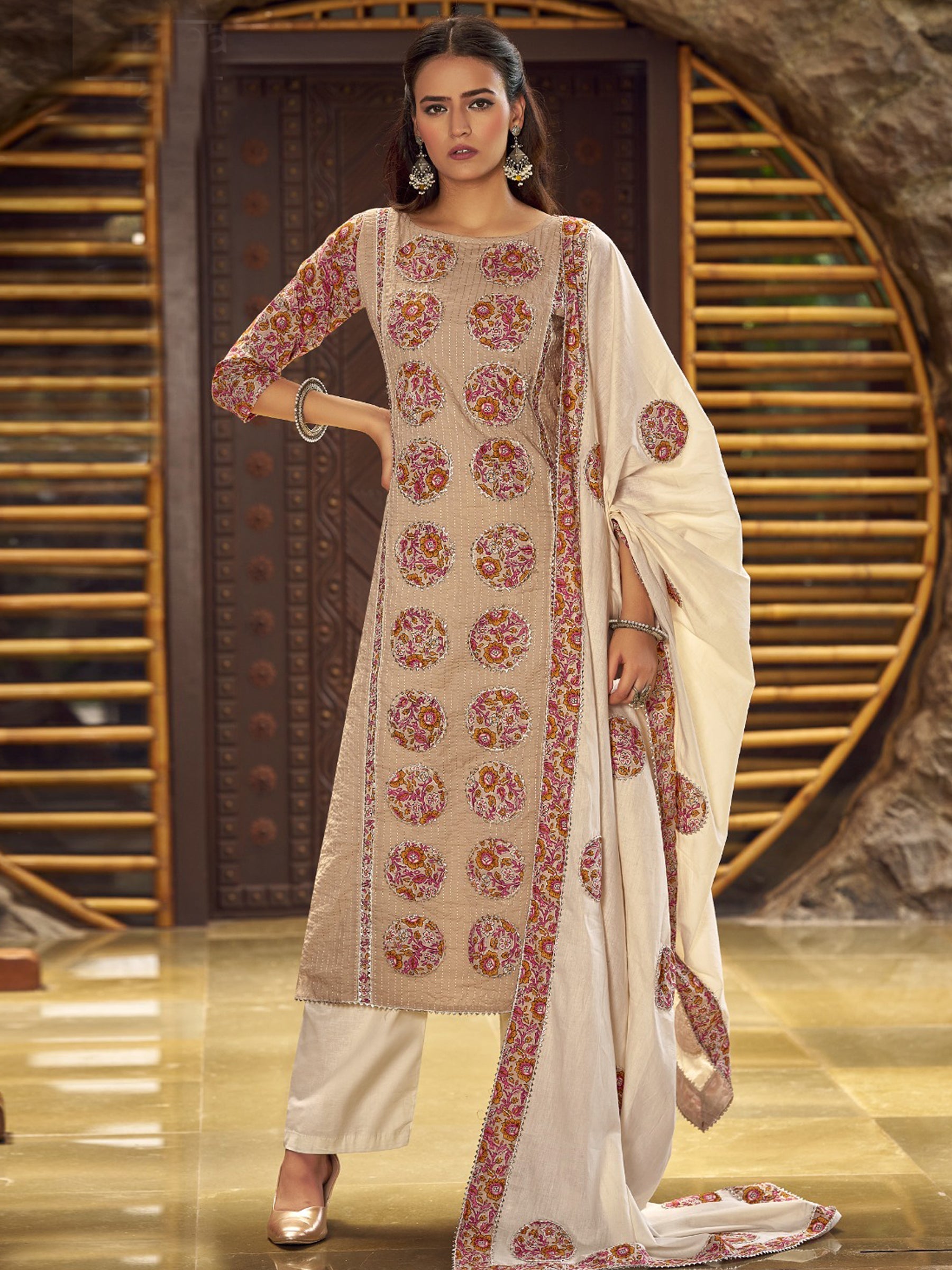 Beige pure cotton salwar suit with digital print, Gota Patti, and Resham chain stitch detail.