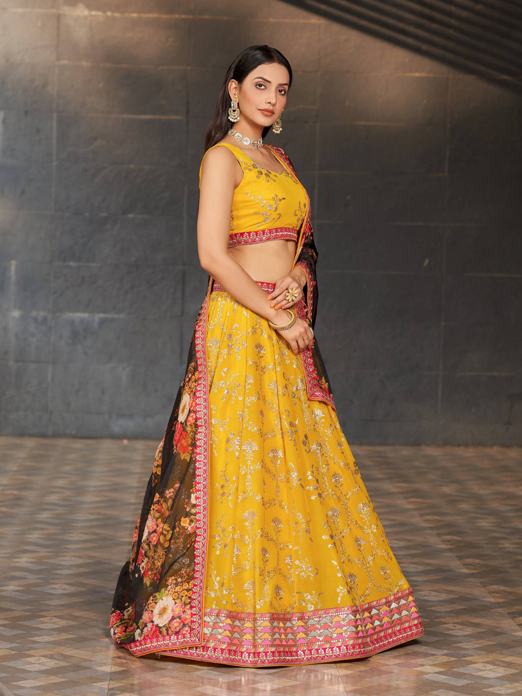 Yellow Georgette Lehenga Choli with Zari & Sequin Embroidery