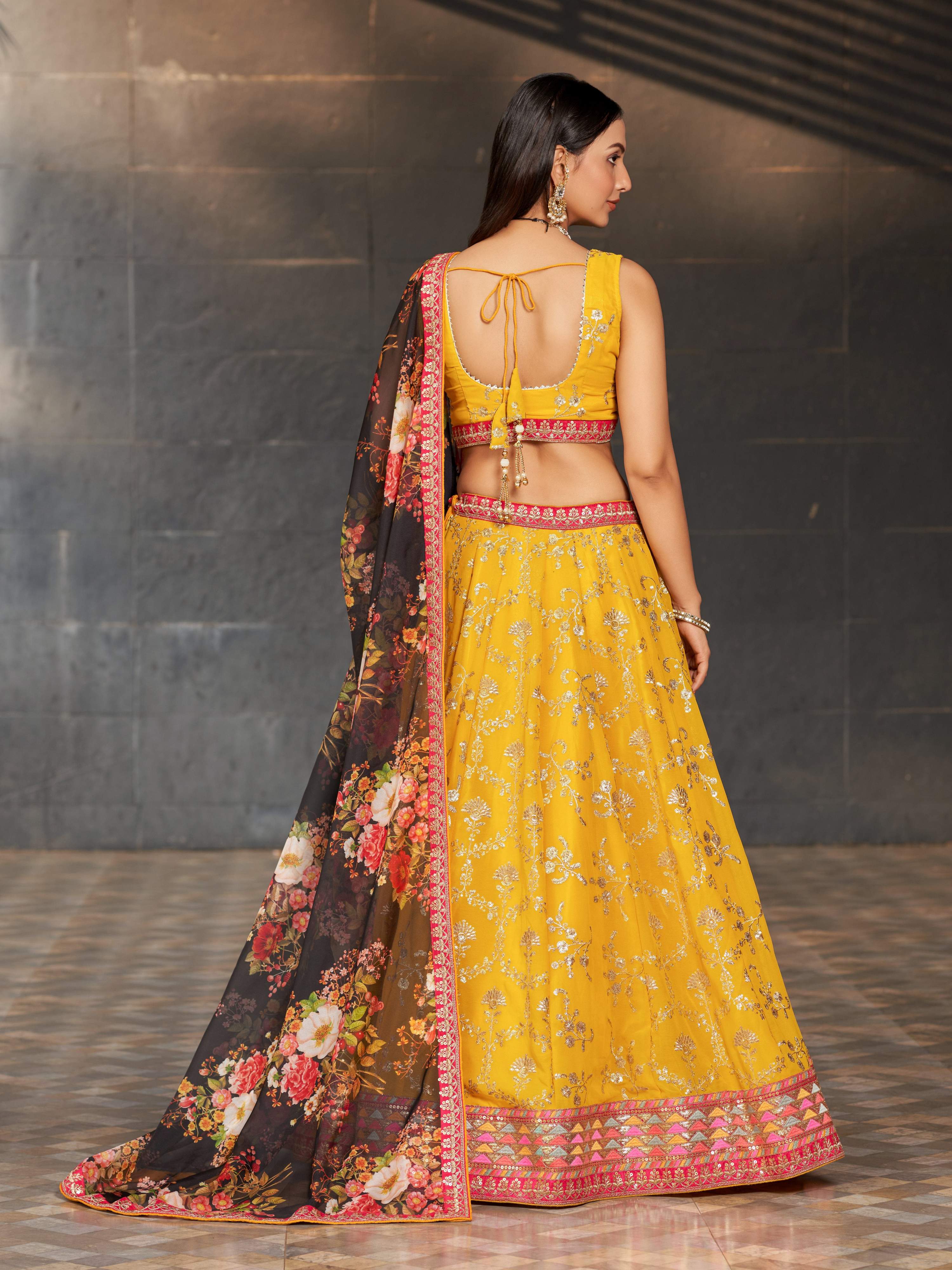 Yellow Georgette Lehenga Choli with Zari & Sequin Embroidery
