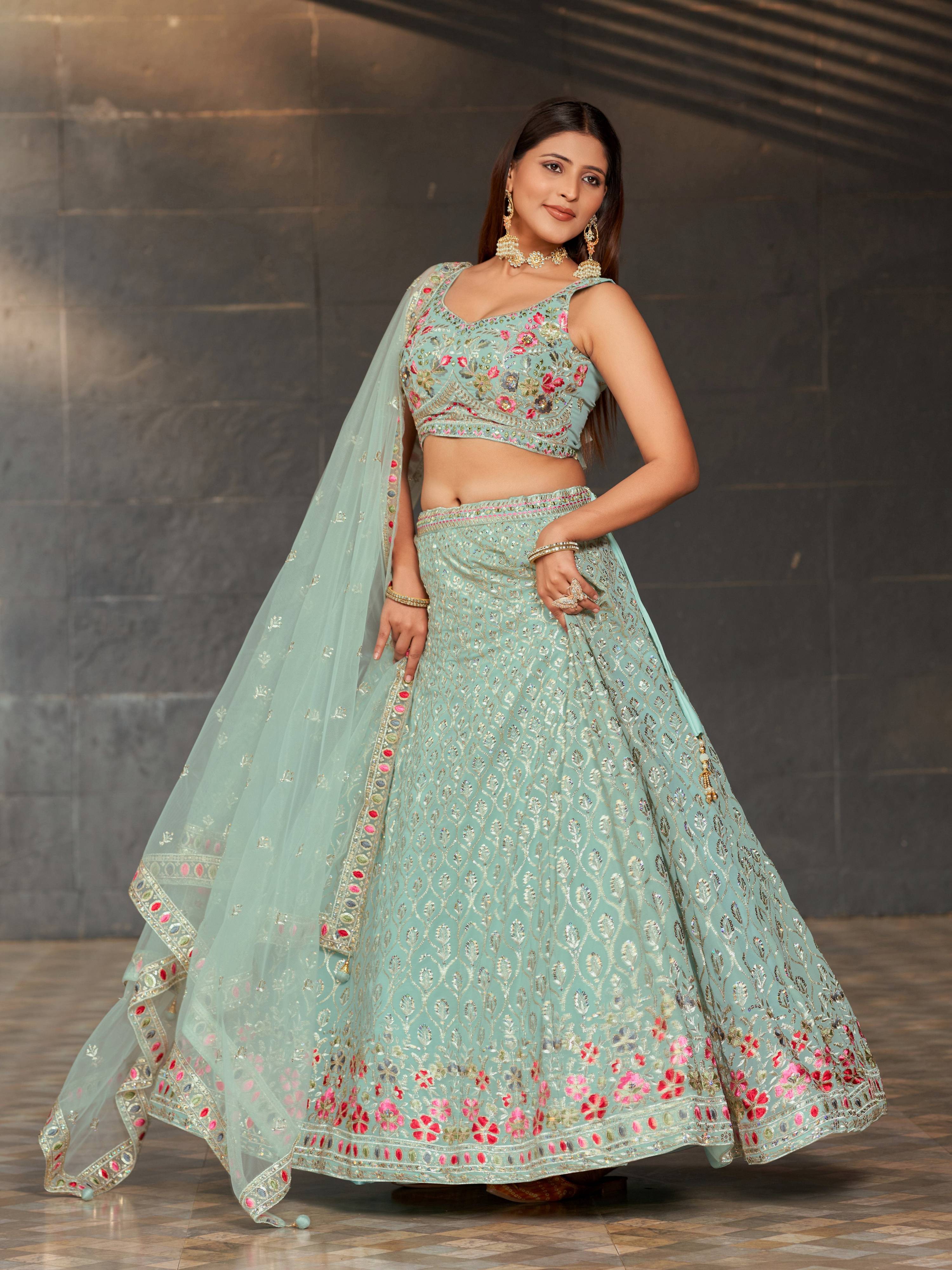 Women's Sky Blue Georgette Lehenga Choli with Mirror & Zari Work
