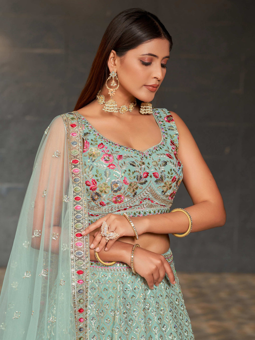 Women's Sky Blue Georgette Lehenga Choli with Mirror & Zari Work