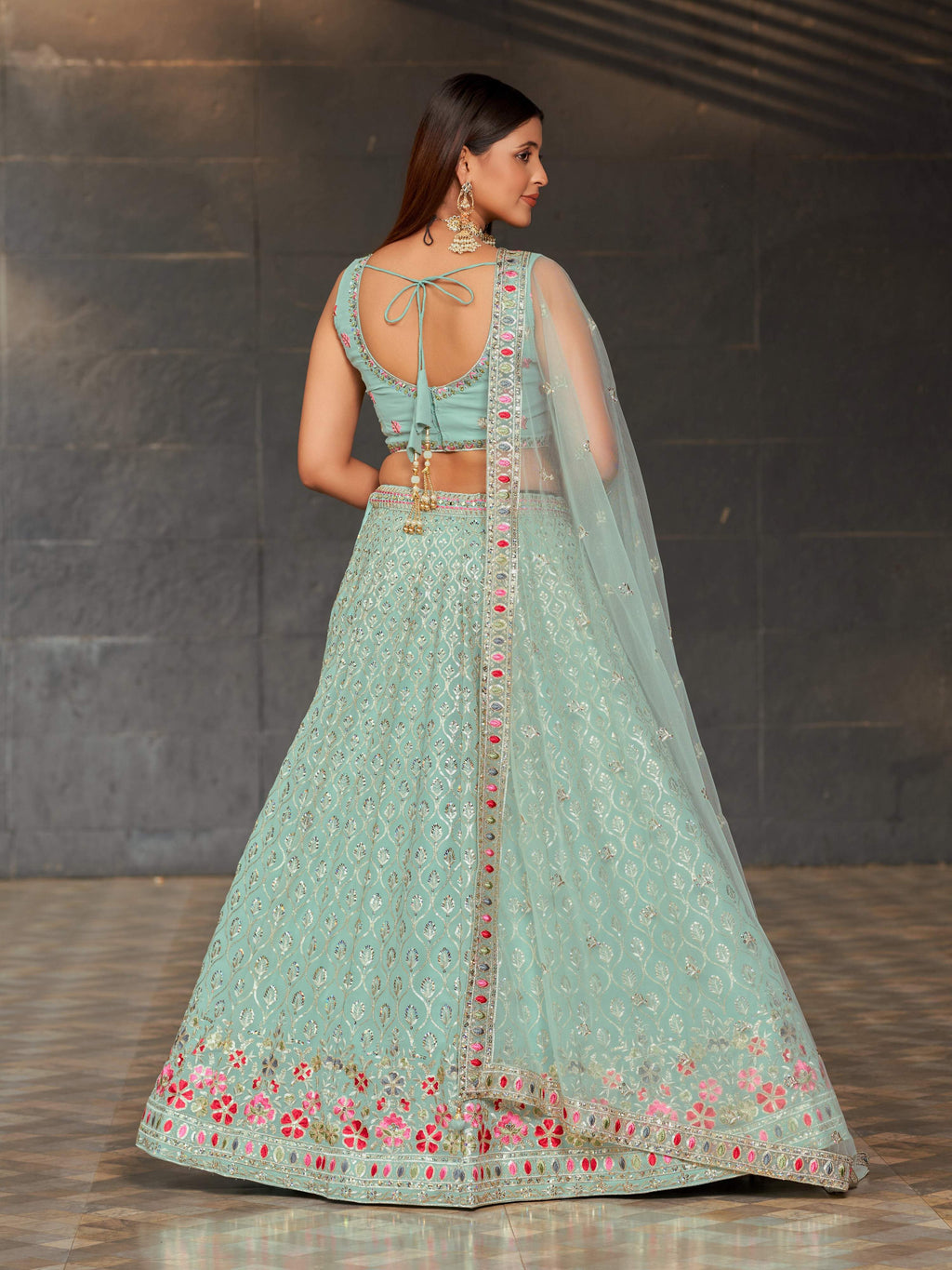 Women's Sky Blue Georgette Lehenga Choli with Mirror & Zari Work
