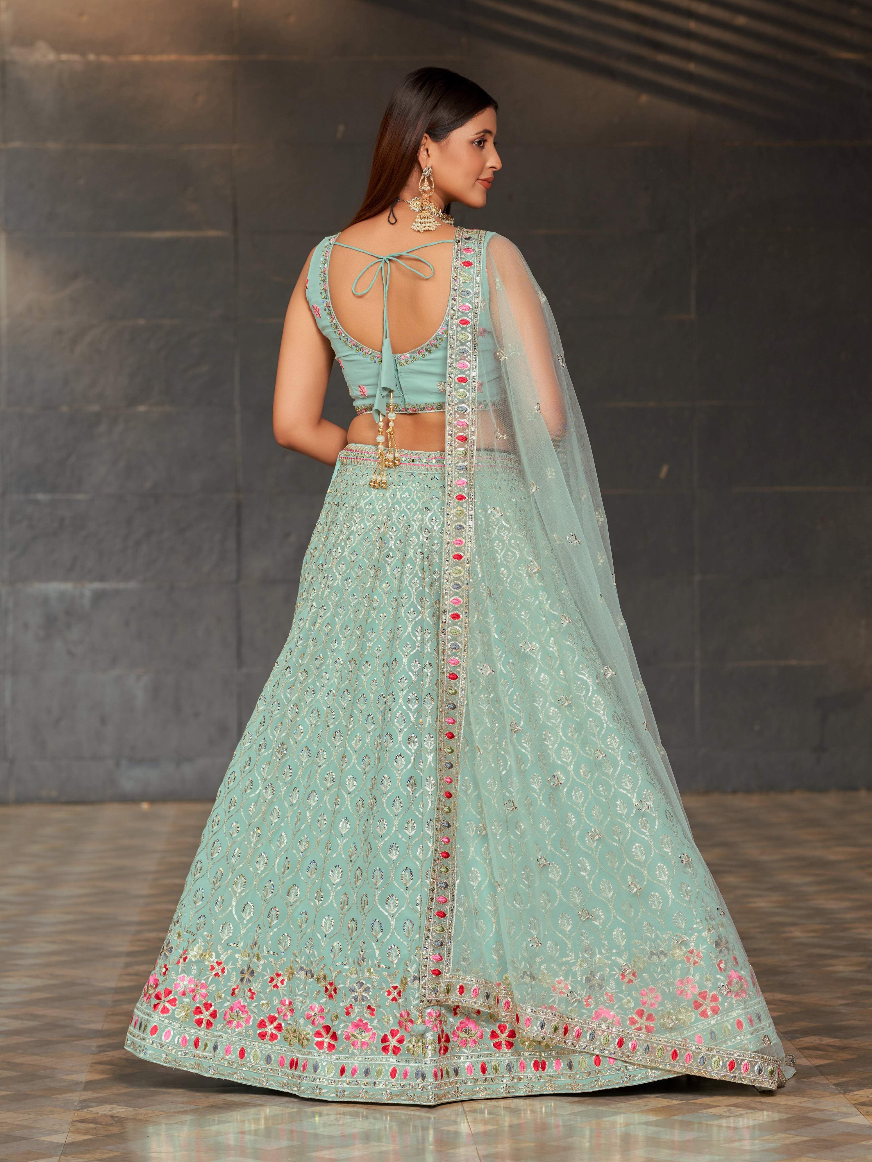 Women's Sky Blue Georgette Lehenga Choli with Mirror & Zari Work