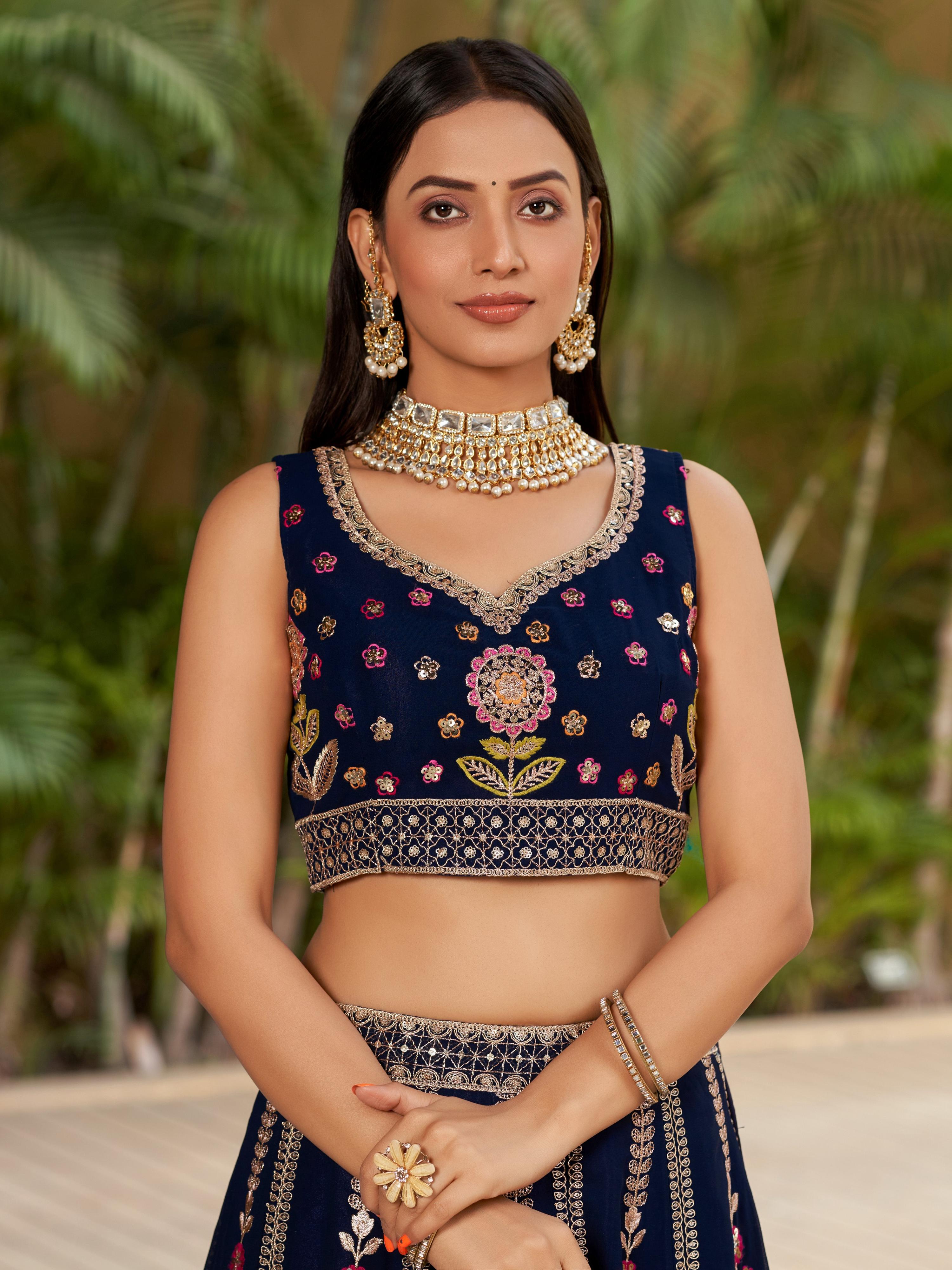 Navy Blue Georgette Zari & Heavy Sequin Embroidered Lehenga