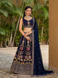 Navy blue georgette lehenga featuring heavy sequins, zari, and dori embroidery