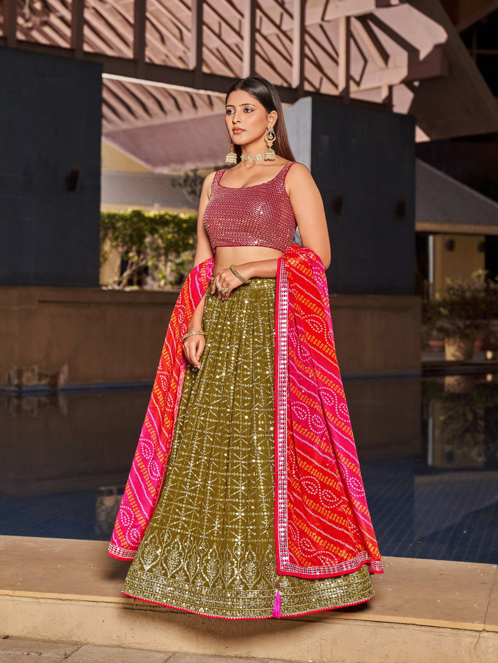 Women's Olive Georgette Lehenga Choli with Zari & Sequin Embroidery