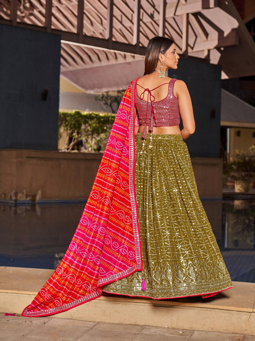 Women's Olive Georgette Lehenga Choli with Zari & Sequin Embroidery
