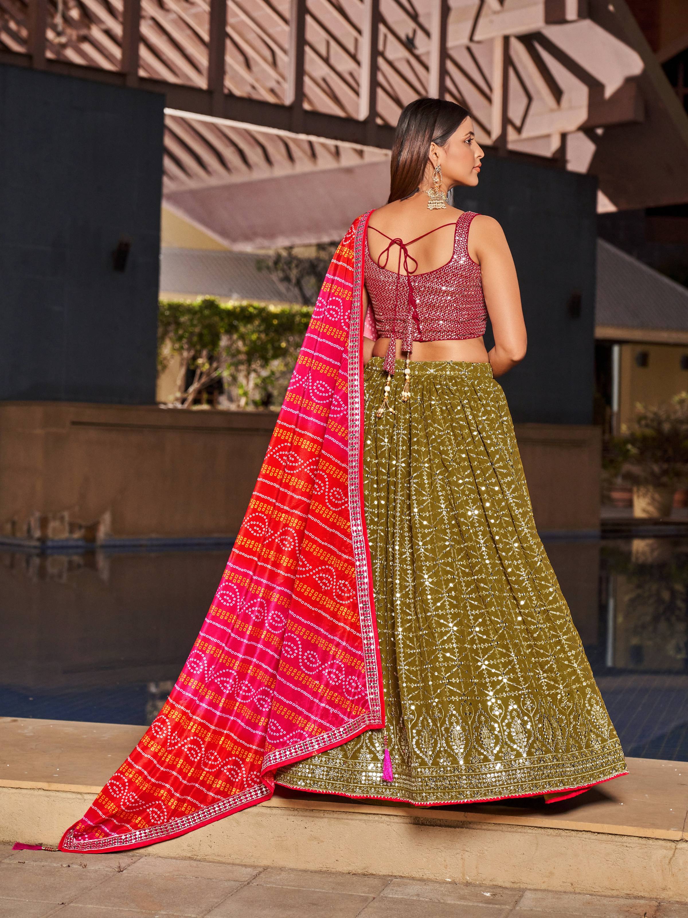 Women's Olive Georgette Lehenga Choli with Zari & Sequin Embroidery