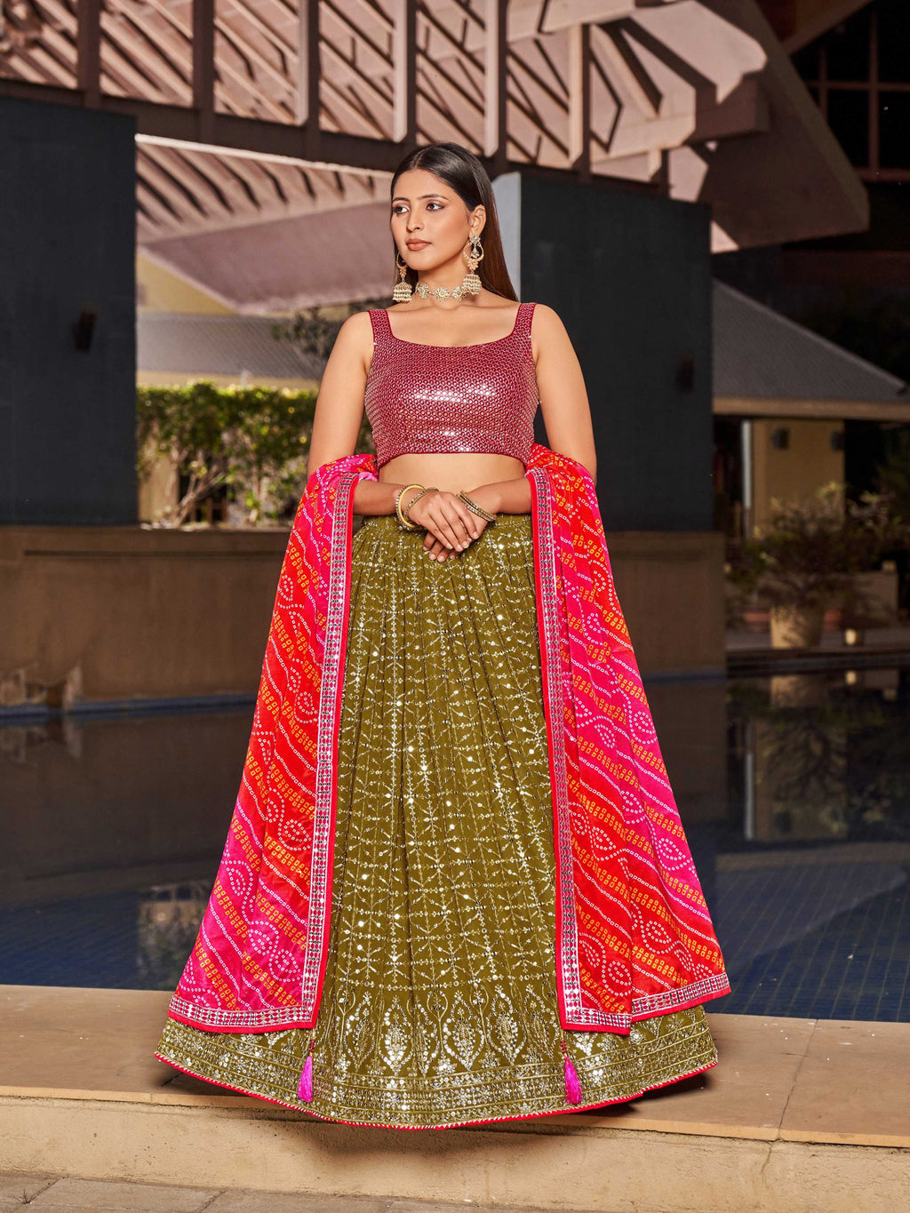 Olive Georgette lehenga choli with heavy zari and sequin embroidery and digital print
