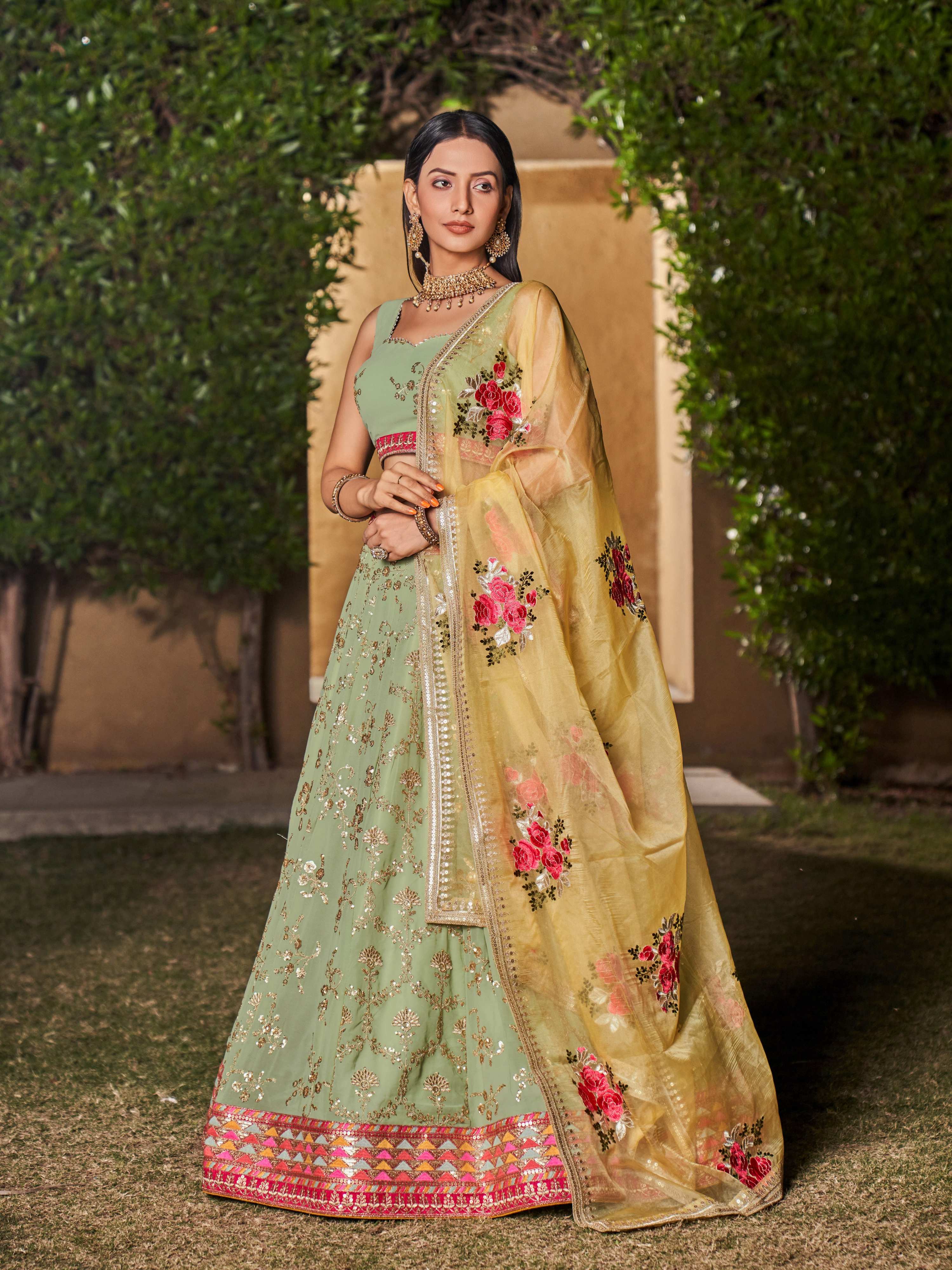 Pista Green Floral Chiffon Zari & Sequin Embroidered Lehenga