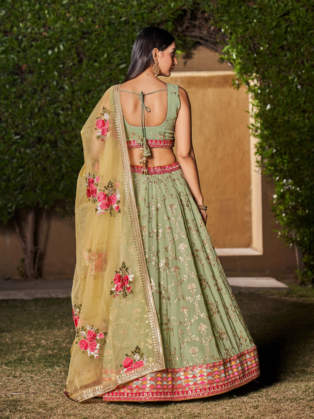 Pista Green Floral Chiffon Zari & Sequin Embroidered Lehenga