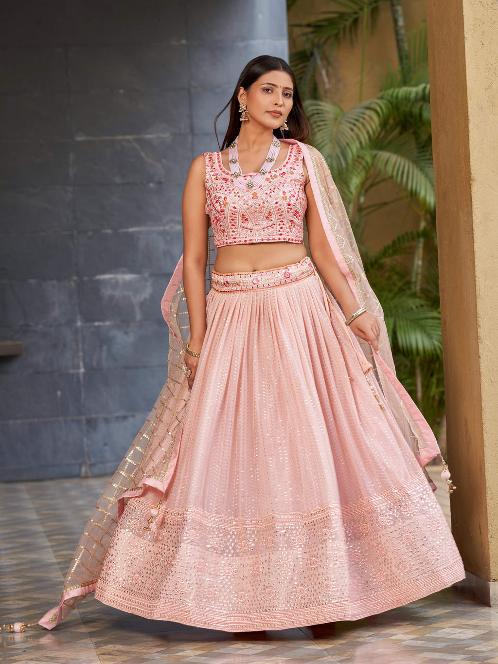 Pink Georgette Zari & Heavy Sequin Embroidered Lehenga Set