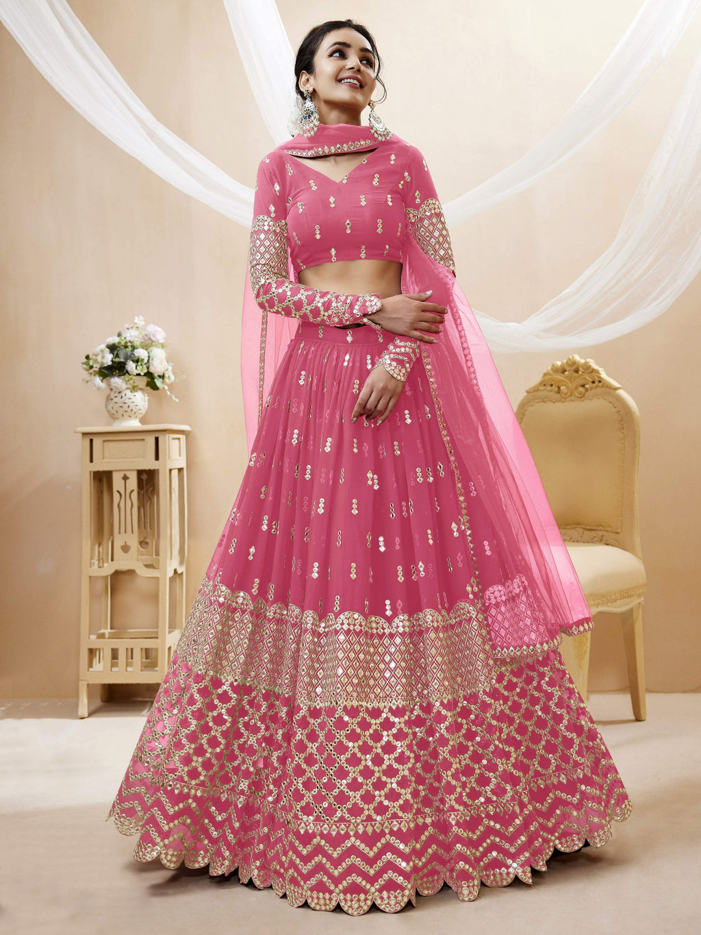 Pink Georgette Sequins Zari Embroidered Lehenga Choli Set
