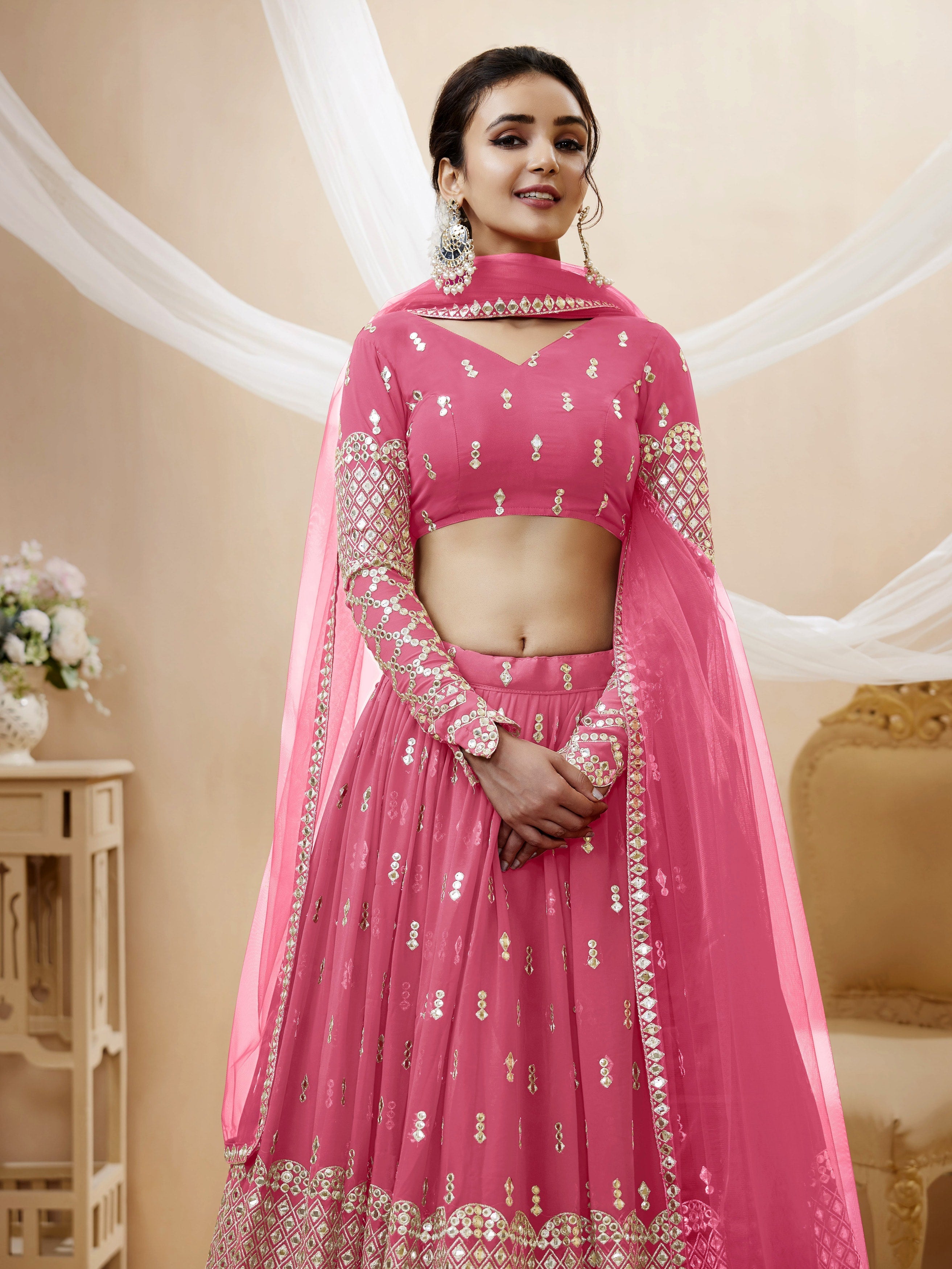 Pink Georgette Sequins Zari Embroidered Lehenga Choli Set