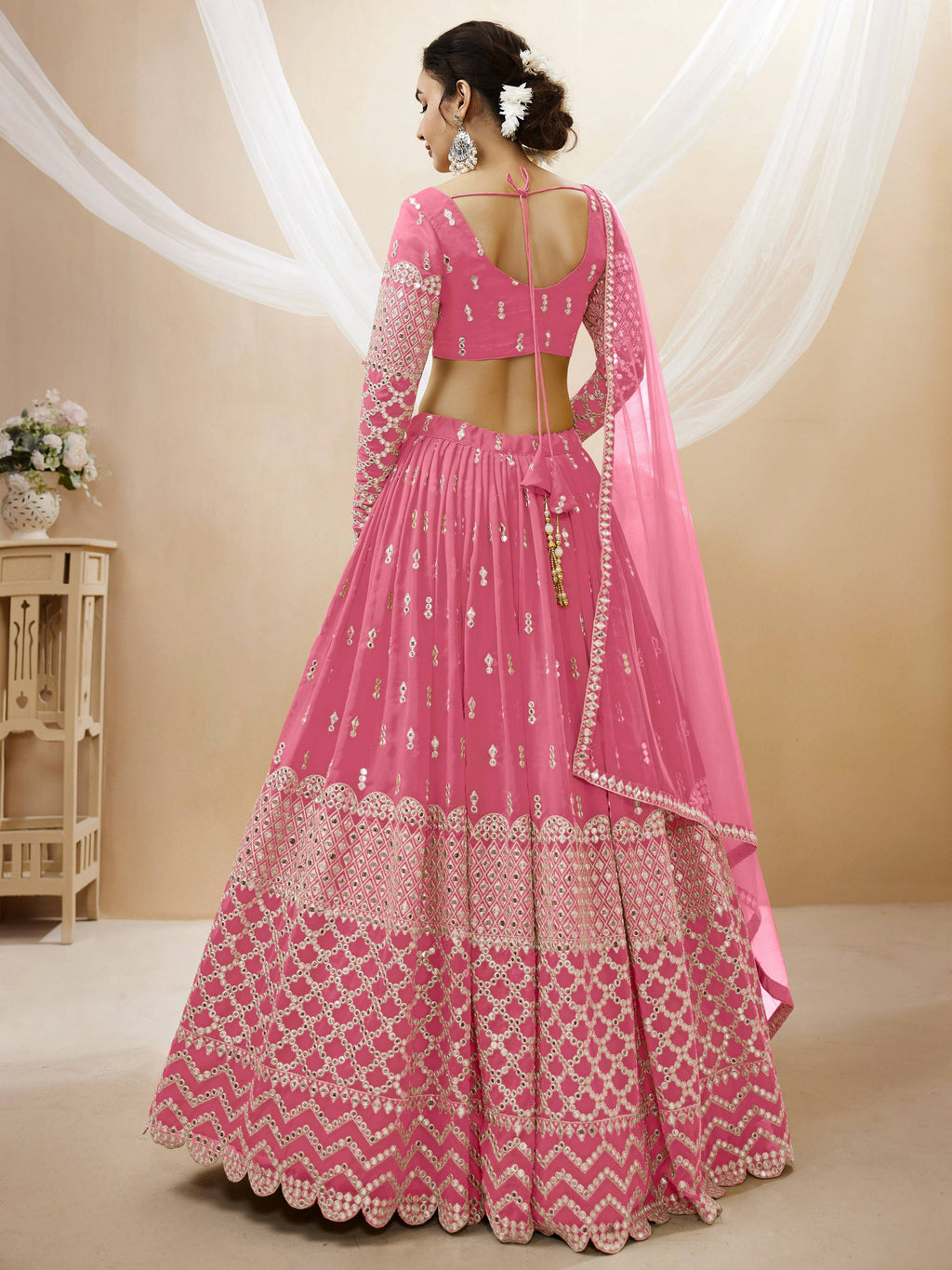 Pink Georgette Sequins Zari Embroidered Lehenga Choli Set