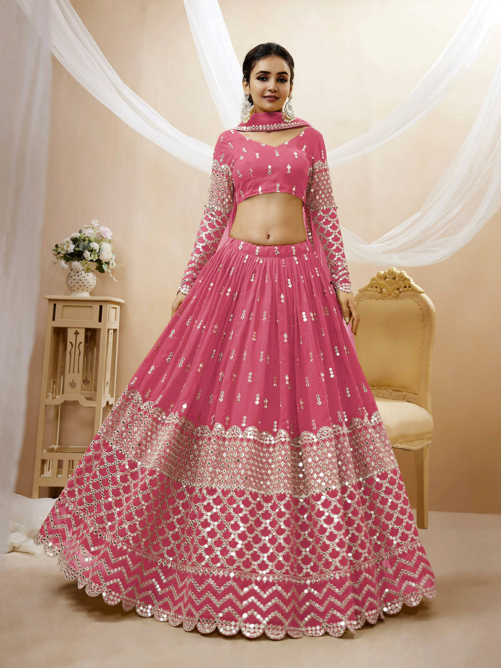 Pink Georgette Sequins Zari Embroidered Lehenga Choli Set