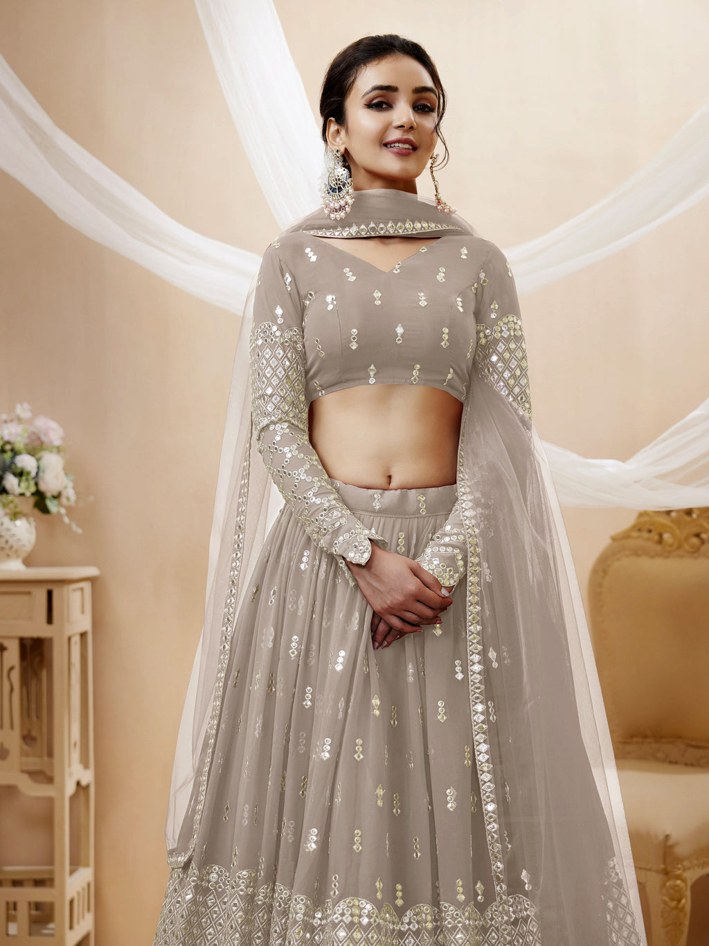 Women's Grey Georgette Sequins Zari Embroidered Lehenga Choli Set