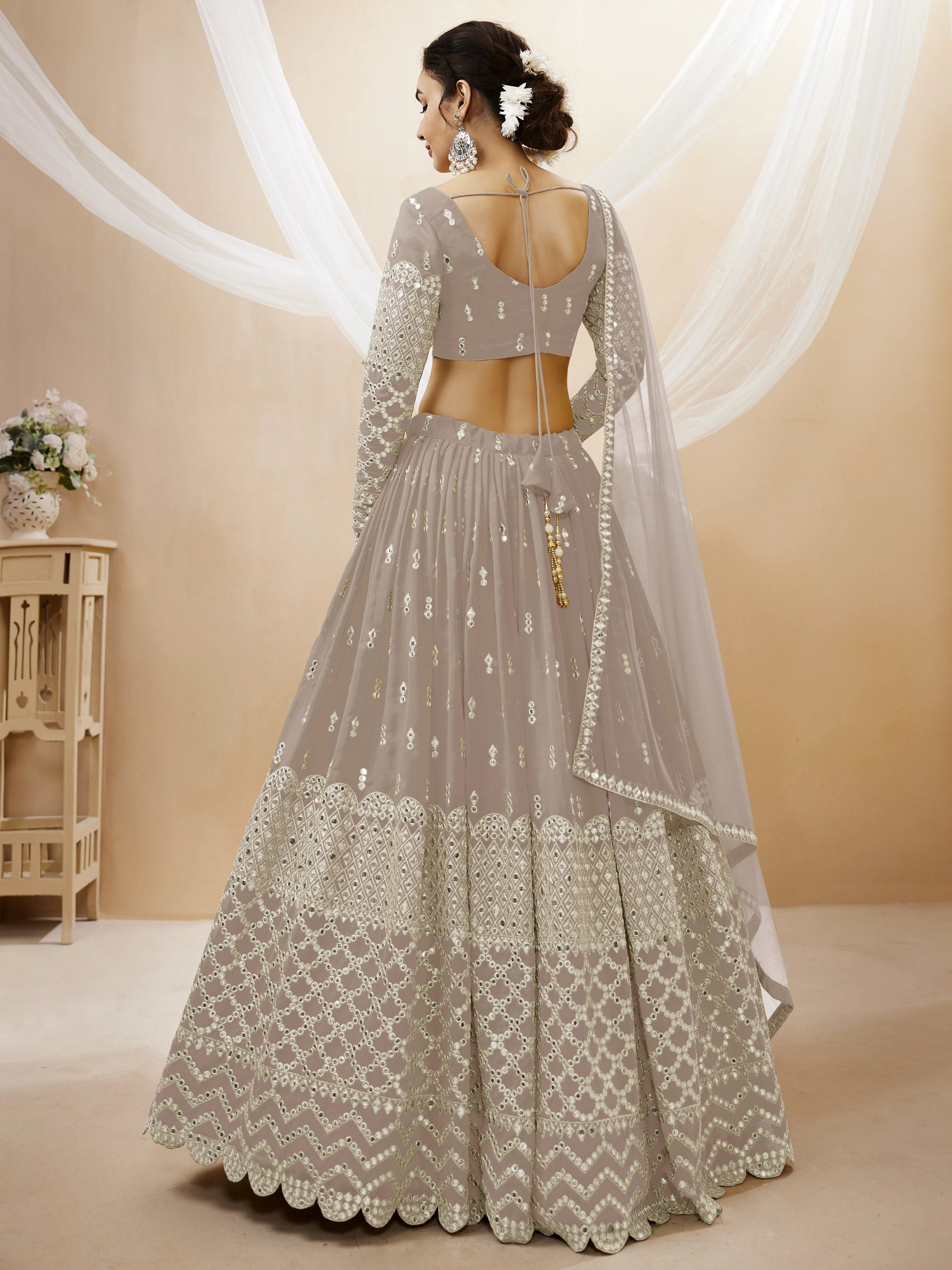 Women's Grey Georgette Sequins Zari Embroidered Lehenga Choli Set