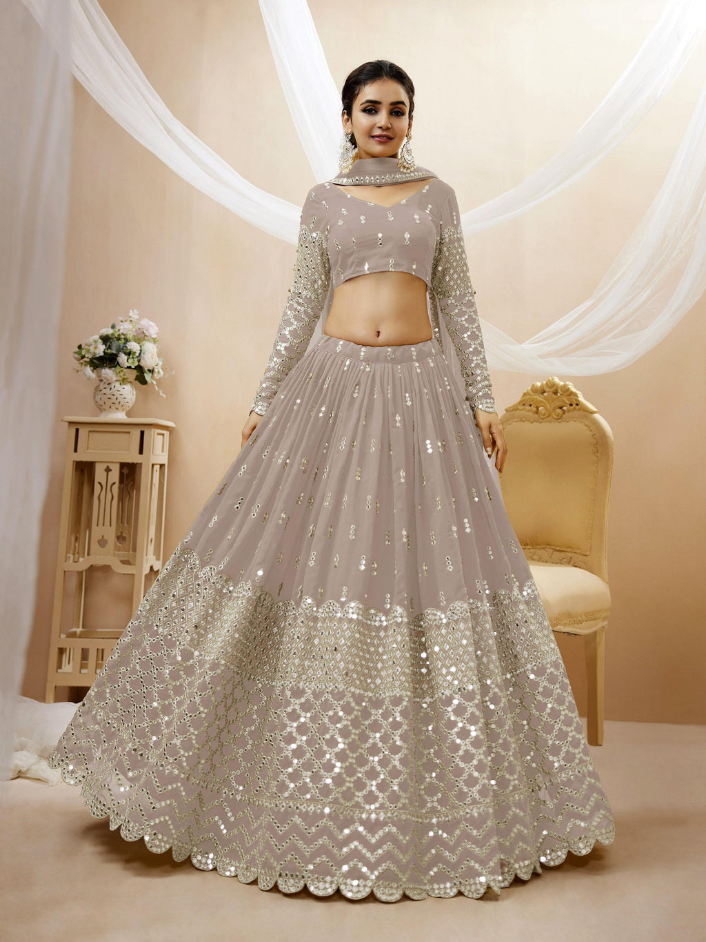 Grey georgette lehenga choli with heavy sequins and zari embroidery work